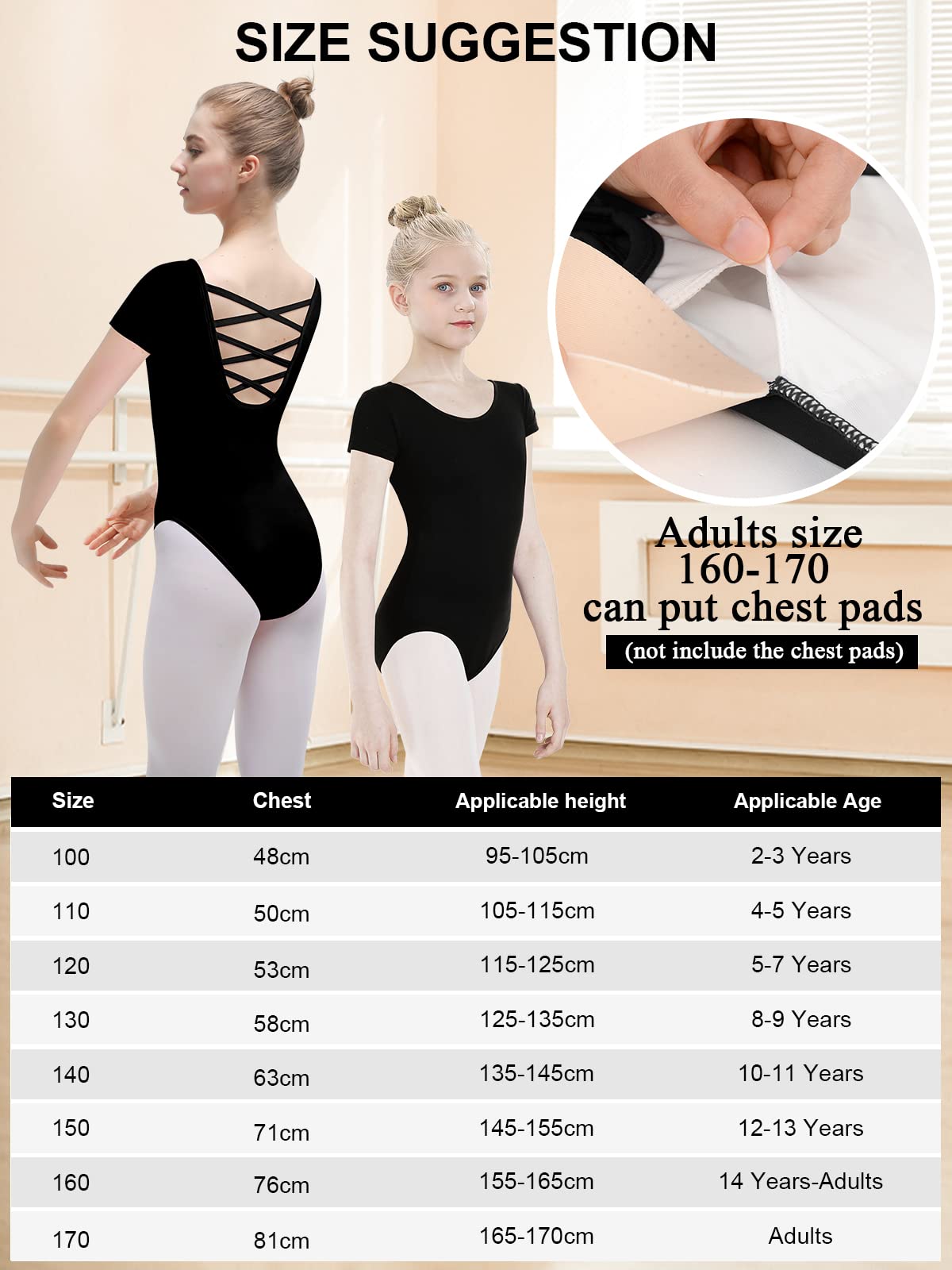 Maillot de ballet Maillot de baile para niñas mujeres Leotardos de gimnasia de algodón de manga corta talla 100-170