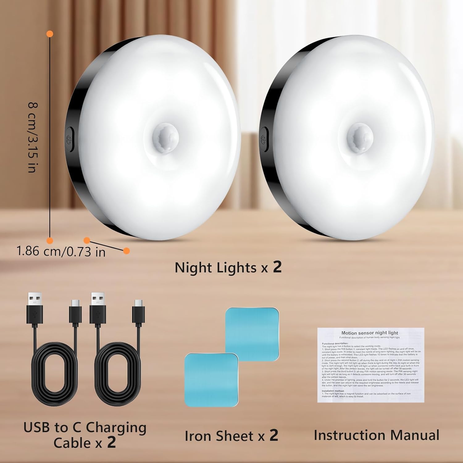 GLVSAE Stick On Lights, LED Puck Lights, Rechargeable Motion Sensor Night Light, 3 Operating Modes, Adjustable Brightness,Under Cabinet Lightins for Bedroom, Closet, Kitchens (2 Pack).