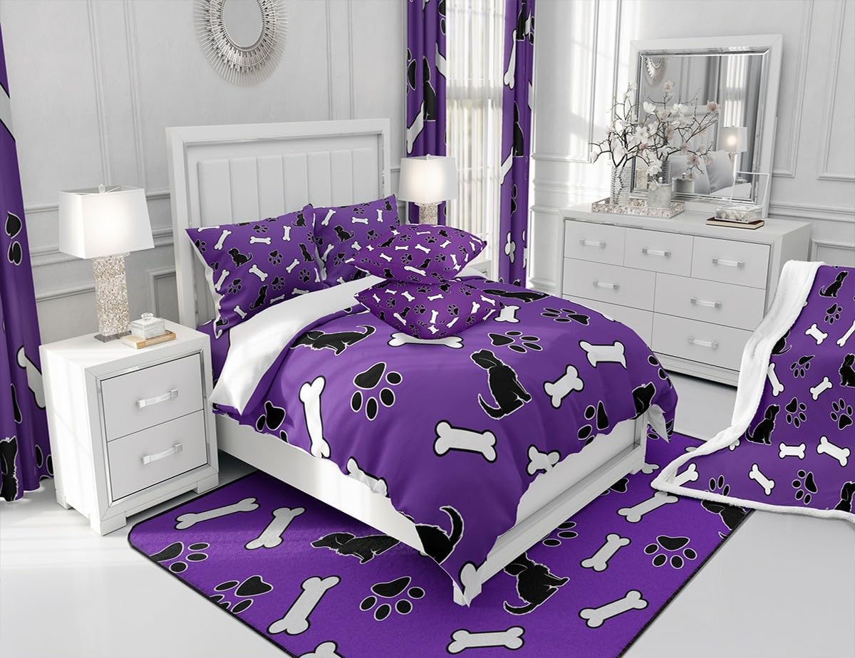 Cute Dog Pattern Duvet Cover Queen Size,Purple Black White Comforter Cover with 2 Pillowcase for Teens,Kids Dog Paw Print Bedding Set,Kawaii Animals Breathable 3 Pcs Decorative Bed Cover(No Comforter)