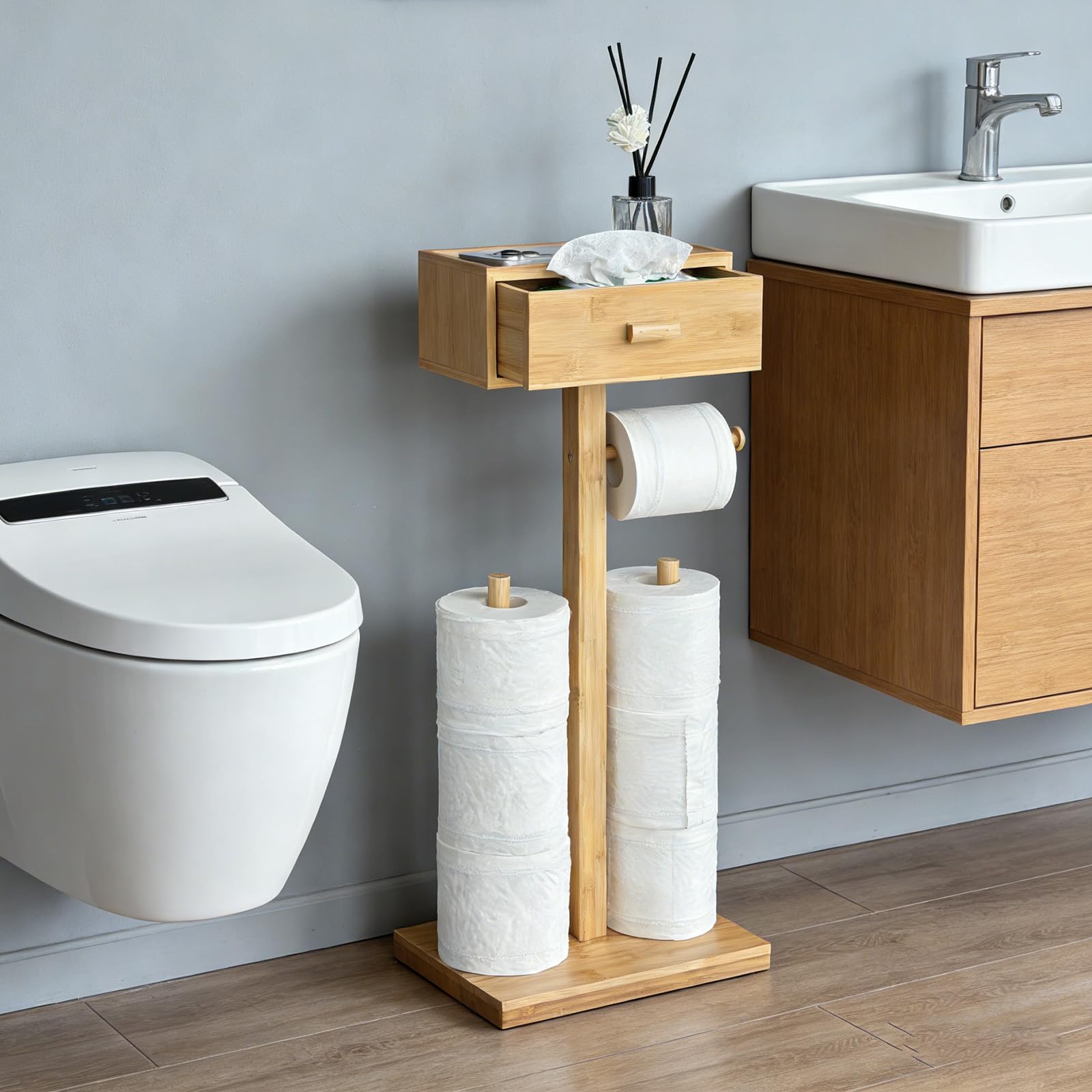 freestanding bathroom toilet paper holder stand with shelf, bamboo toilet paper roll holder with wet wipes storage drawer(natural)