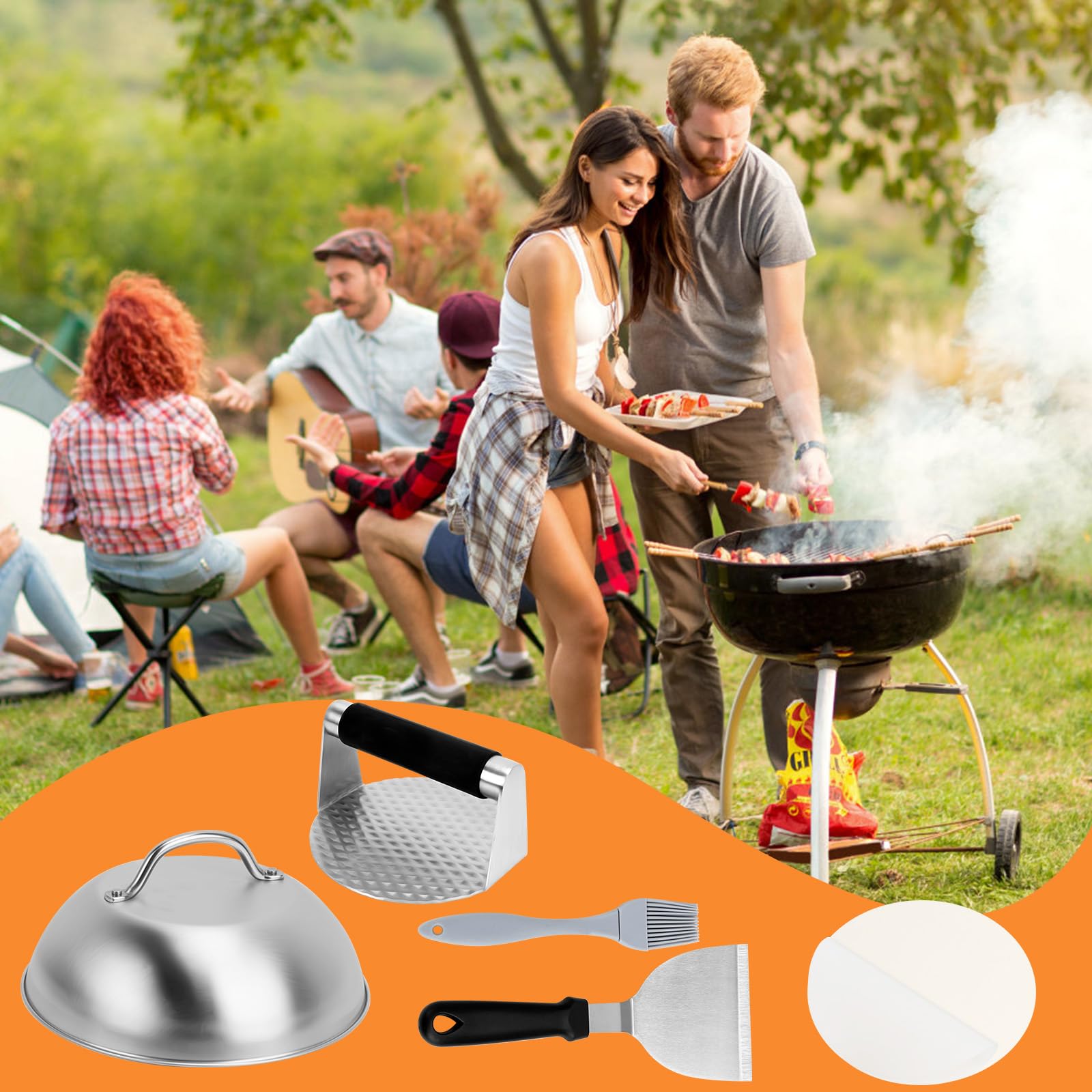 Dadabig Hamburger PRO Kit con Pressa Rotonda in Acciaio Inox, Spatola per Grill, Copertura per Hamburger, 100 Carta Antiaderente, Pennello da Forno, Adatto a Campeggio e Grigliate all'aperto