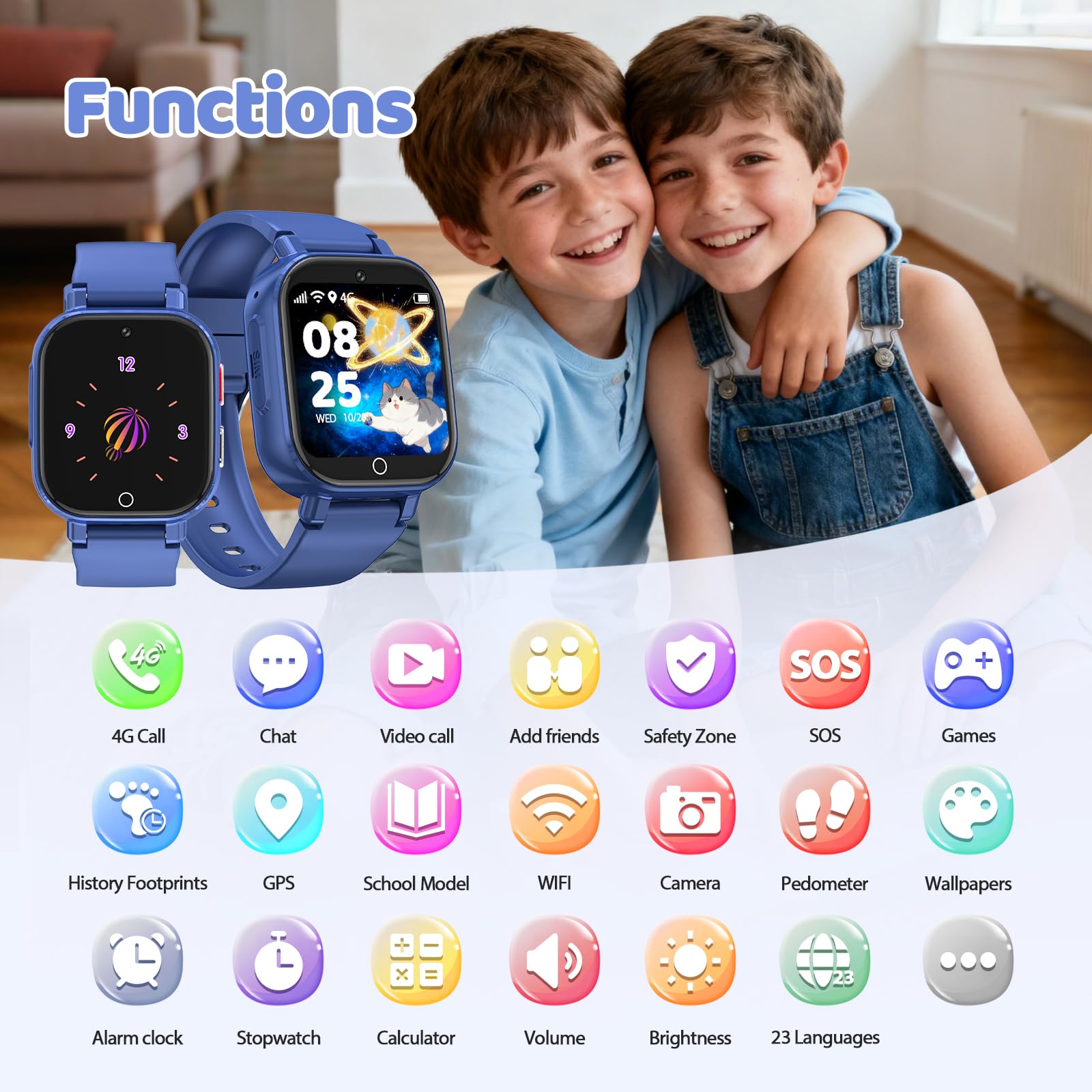 4G Smartwatch Bambini GPS, Orologio Smartwatch per Bambino Bambina Telefono | Videochiamata Chat Vocale Contapassi Camera Modalità Classe Gioco, Smart Watch Ragazza e Ragazzo 4-12 Anni Regalo Blu