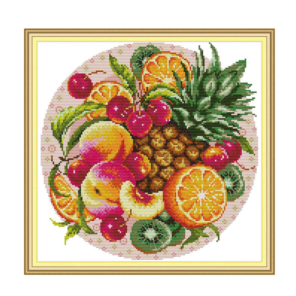 Wowdecor Peach Cross Stitch Embroidery Kits For Adults Kids, Fruit Plate Pineapple 11Ct Stamped Diy Dmc Needlework Easy Beginners