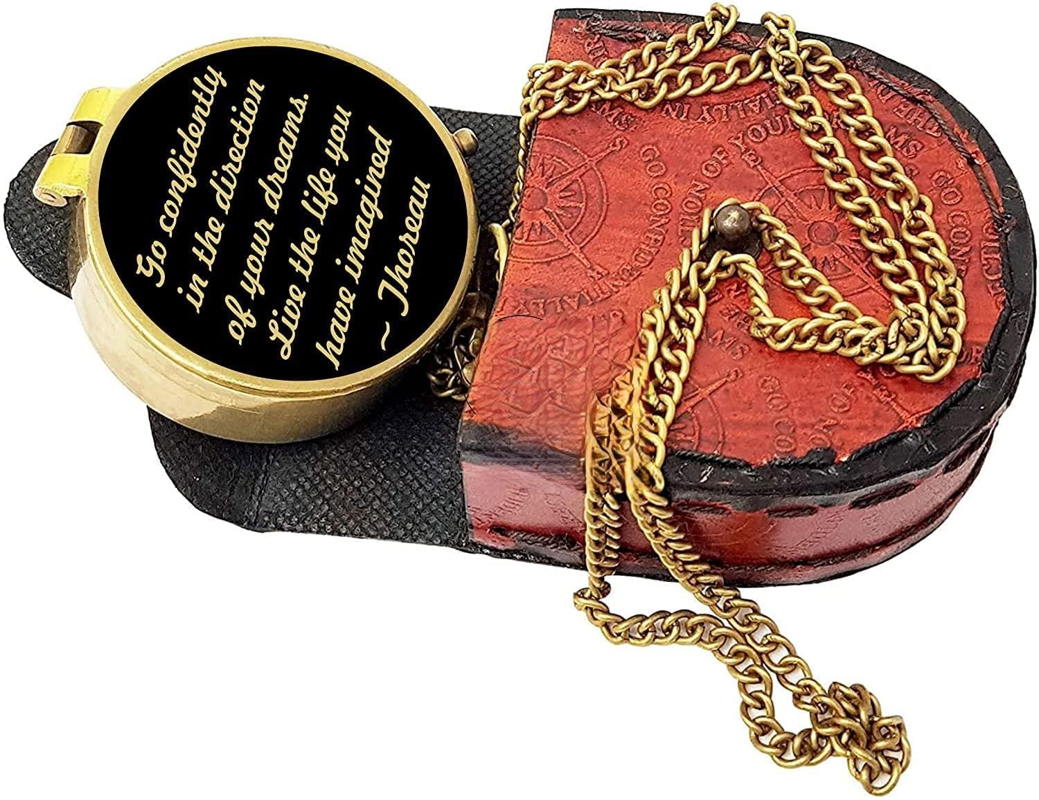 2'' Antique Brass Compass with Leather Case, Handmade Vintage Gift Compass with Thoreau's Go Confidently Quote Engraved Brass Compass with Leather Case-picture-27