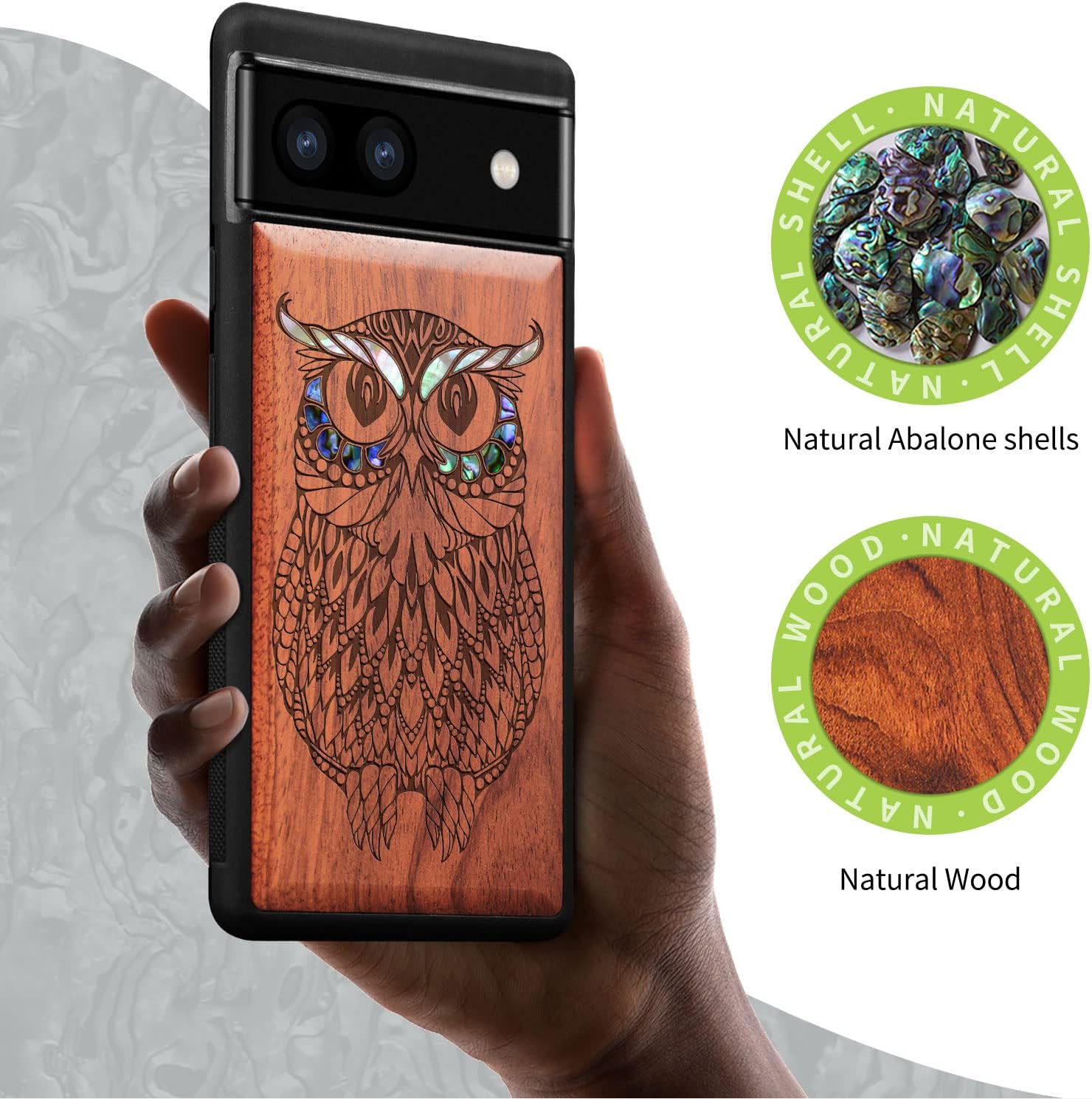 Carveit Designer Wooden Case for Google Pixel 6a Case Protective Cover [Wood Engraving & Shell Inlay] Unique Wood Phone Case Compatible with Pixel 6a (Owl-Rosy)