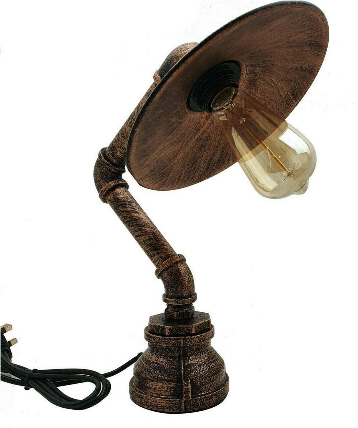 Vintage Industrial Table Lamp Rustic Iron Water Pipe Style Bedside Desk Lamp with 3 Pin Plug and in line of Off Switch for Bedroom Dining Room
