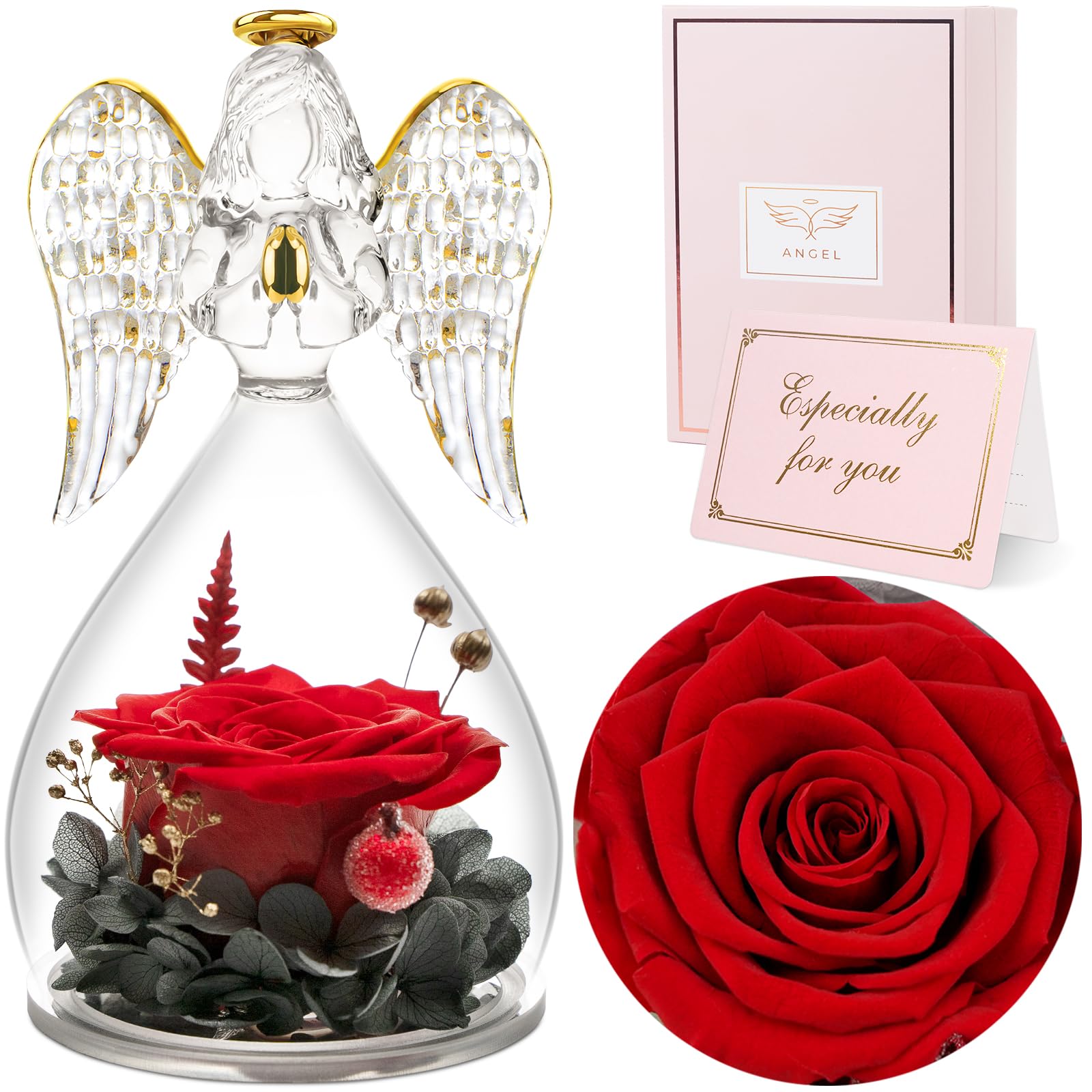 sunia preserved flower rose gift for women - mother39s day birthday gifts for mom wife grandma glass angel figurines forever real roses gifts for her valentine day thanksgiving red