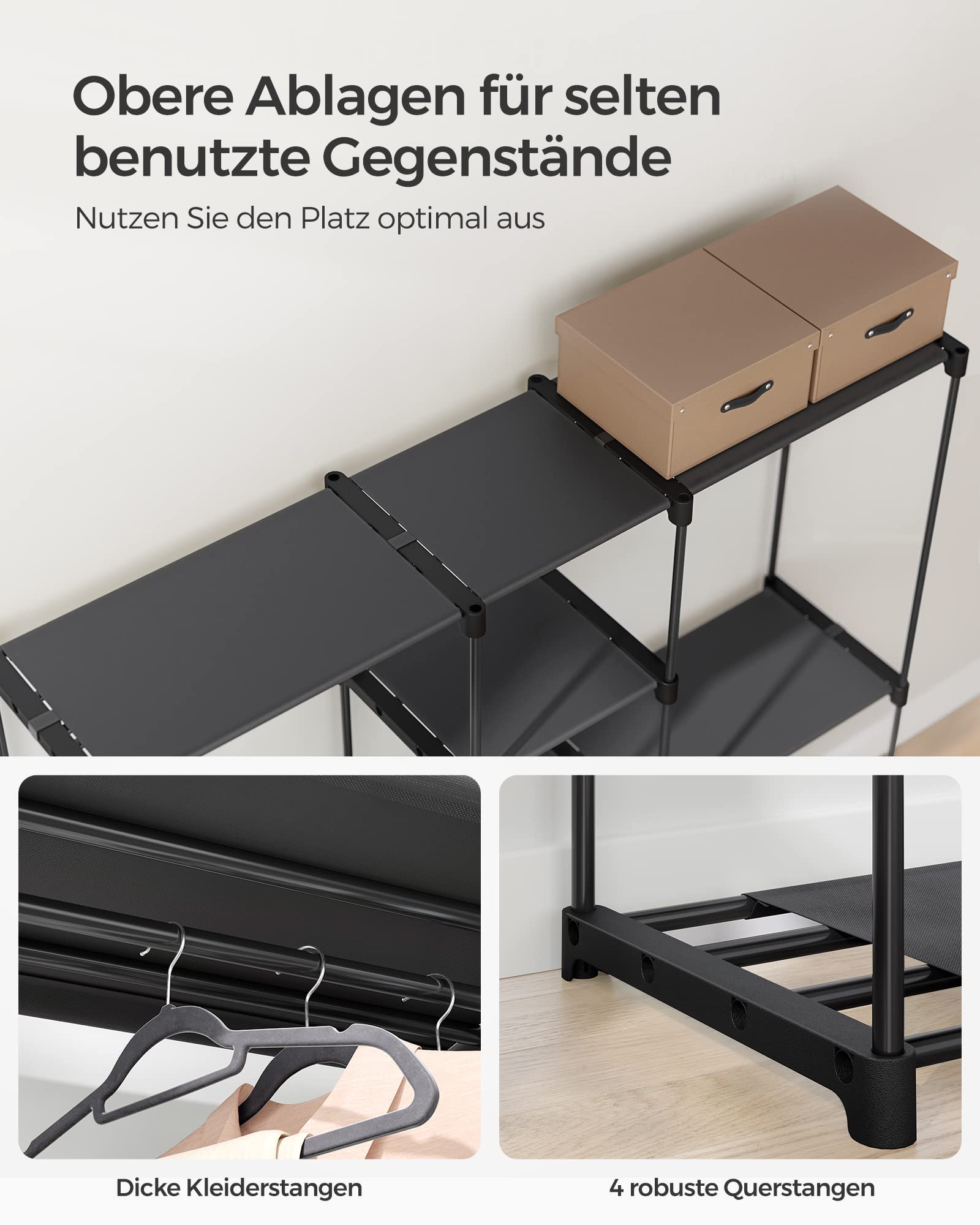 SONGMICS Kleiderschrank, Kleiderständer, freistehende Garderobe, mit Kleiderstangen, Garderobenständer, Stoffablagen, Metallrahmen, 182 x 43 x 182 cm, tintenschwarz RYG037B02