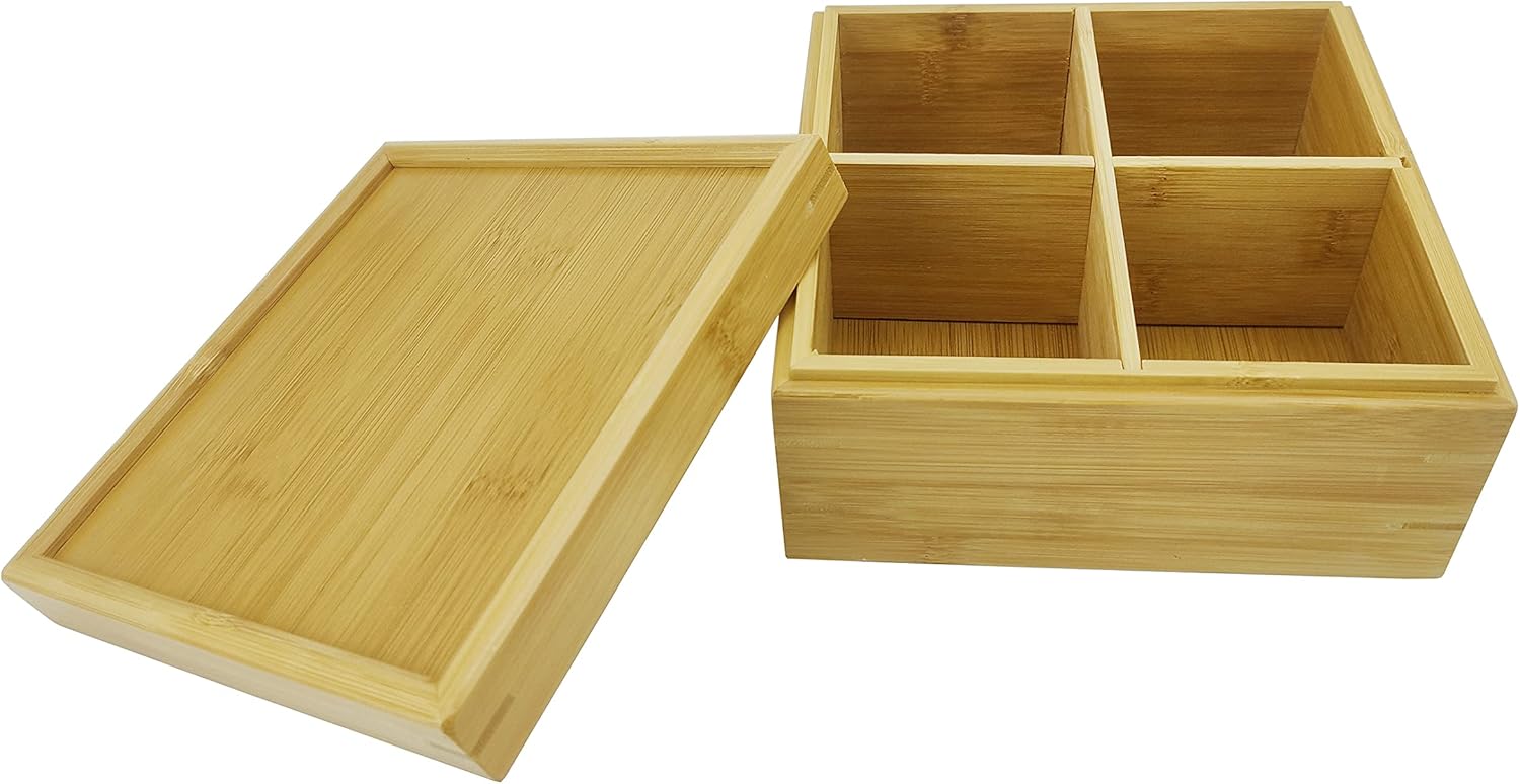 FixtureDisplays® Bamboo Box 7X7X4" with 4 Cell Removable Partition Storage Condiment Tray with Lid 15438