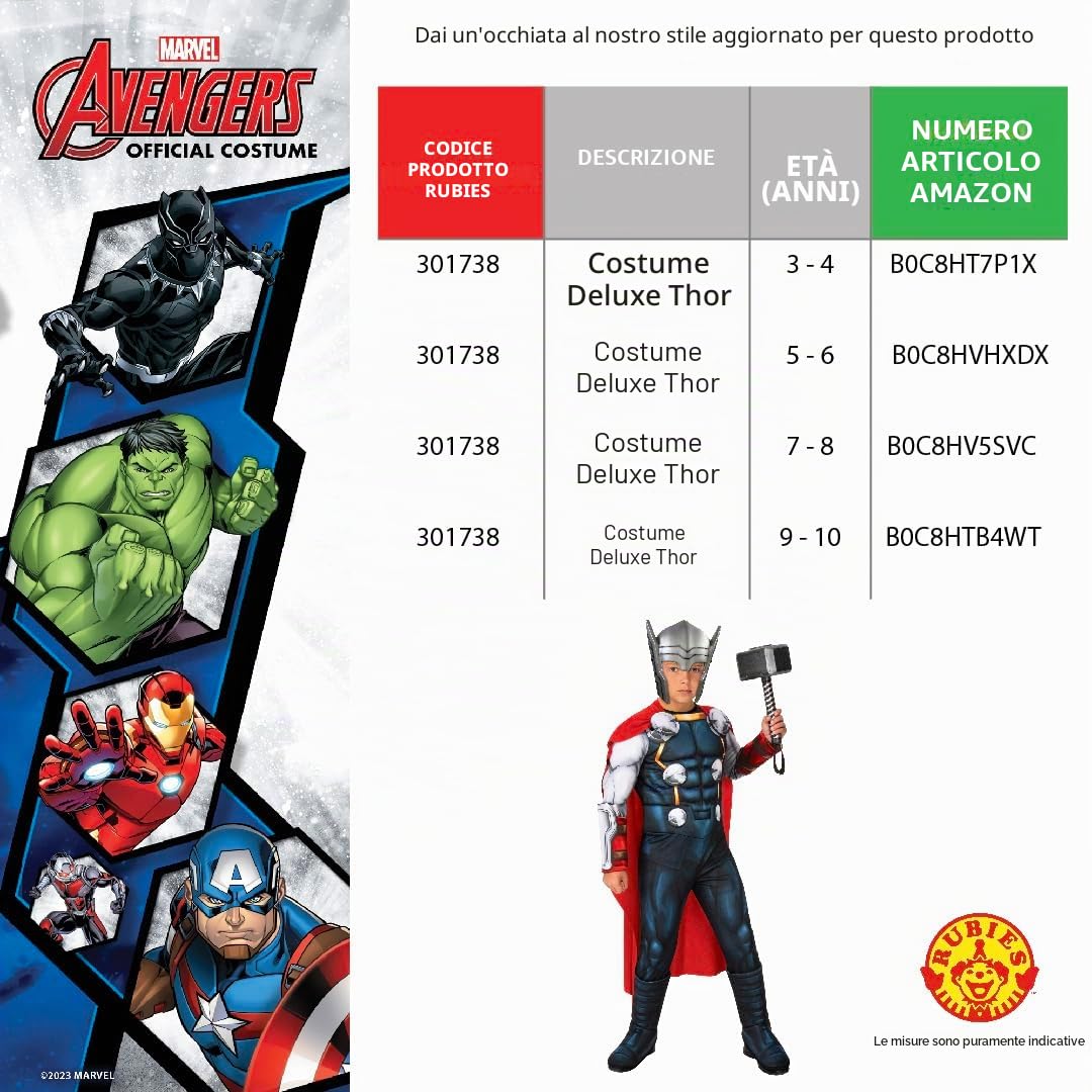 Rubies Costume Thor Deluxe per bambino e bambina, Tuta stampata, maschera e martello dei foam, Licenza Ufficiale Marvel per Carnevale, Cumpleanno, Feste