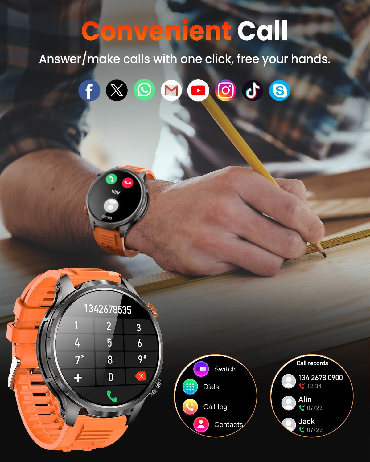 Reloj Inteligente Hombre con 1000mAh Batería y Linterna, 1.91" AMOLED, 5ATM Impermeable Smartwatch Militar con Llamadas, 113 Modes Sportifs, 24/7 Pulsómetro/Oxímetro/Sueño/Podomètre/Android iOS