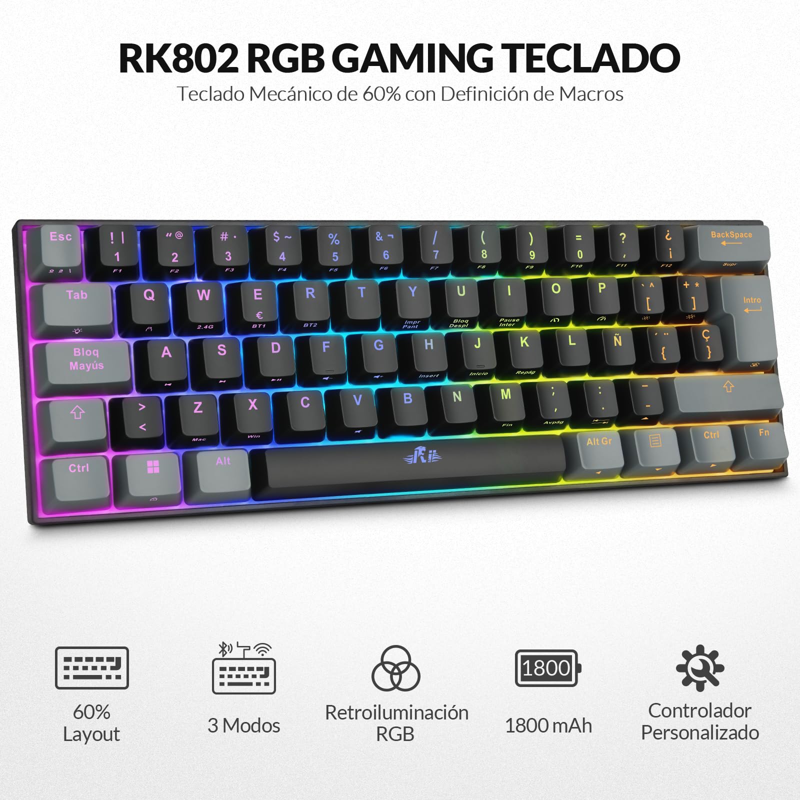 Rii RK802 Teclado Gaming Mecánico, 3 Modos de Conectividad, Retroiluminación RGB, 60% Layout Español (Interruptores Rojos)