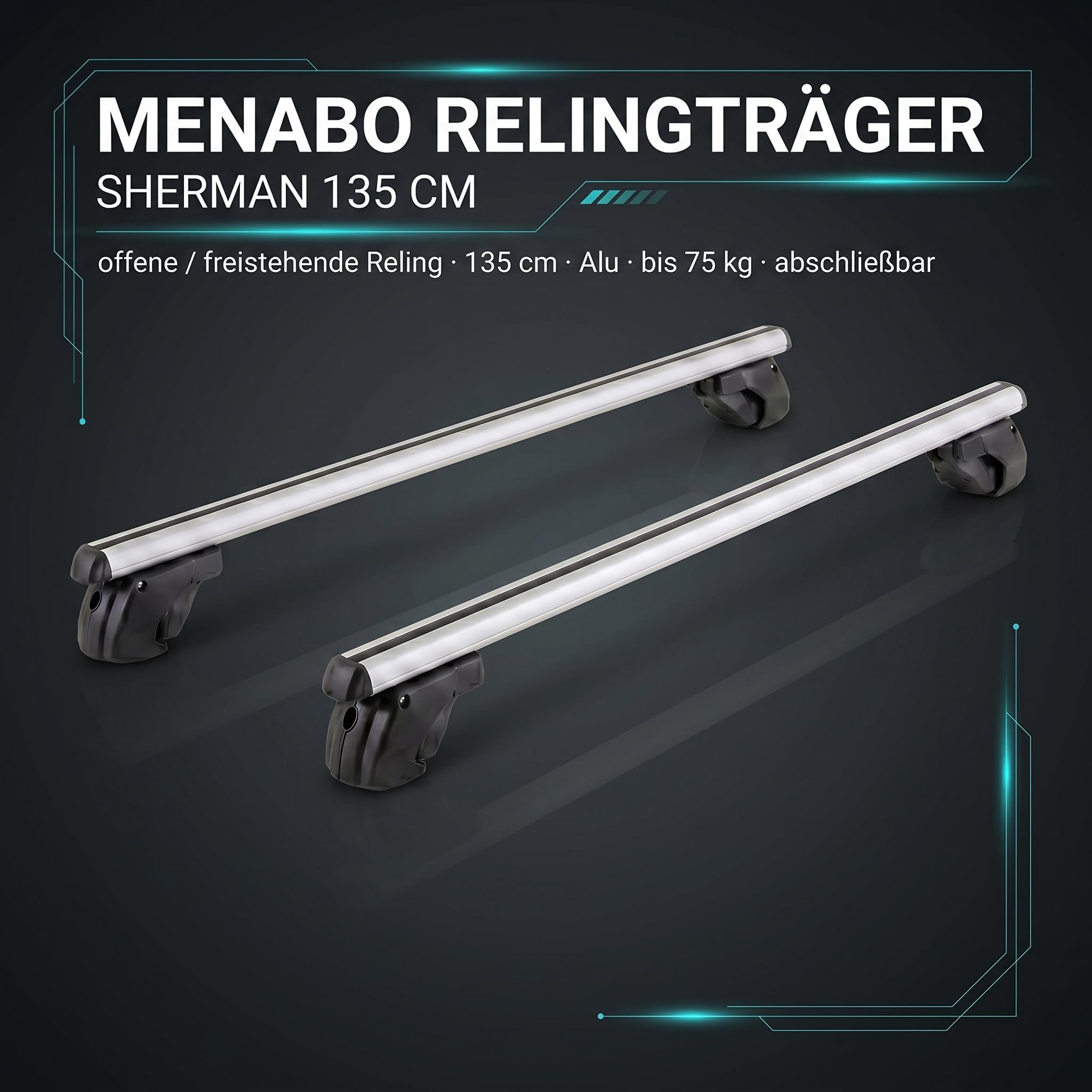 Dachgepäckträger Auto - Dachträger Universal VDP Sherman XL | Auto Dachträger offene Reling | Dachträger für Reling abschließbar | Aluminium Grundträger Dachreling bis 90kg - 135 cm Länge