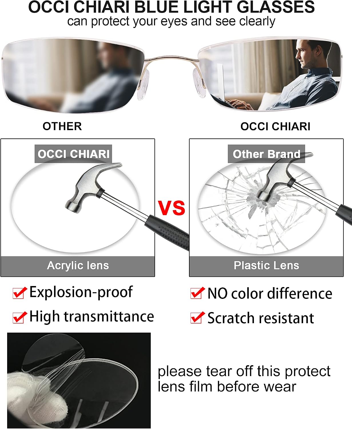 OCCI CHIARI Reading Glasses 2.5 Blue Light Blocker For Women Trendy Reader with Titanium Frameless Metal Spring Hinge 1.0 1.25 1.5 1.75 2.0 2.25 2.5 2.75 3.0 3.5 4.0 5.0 6.0