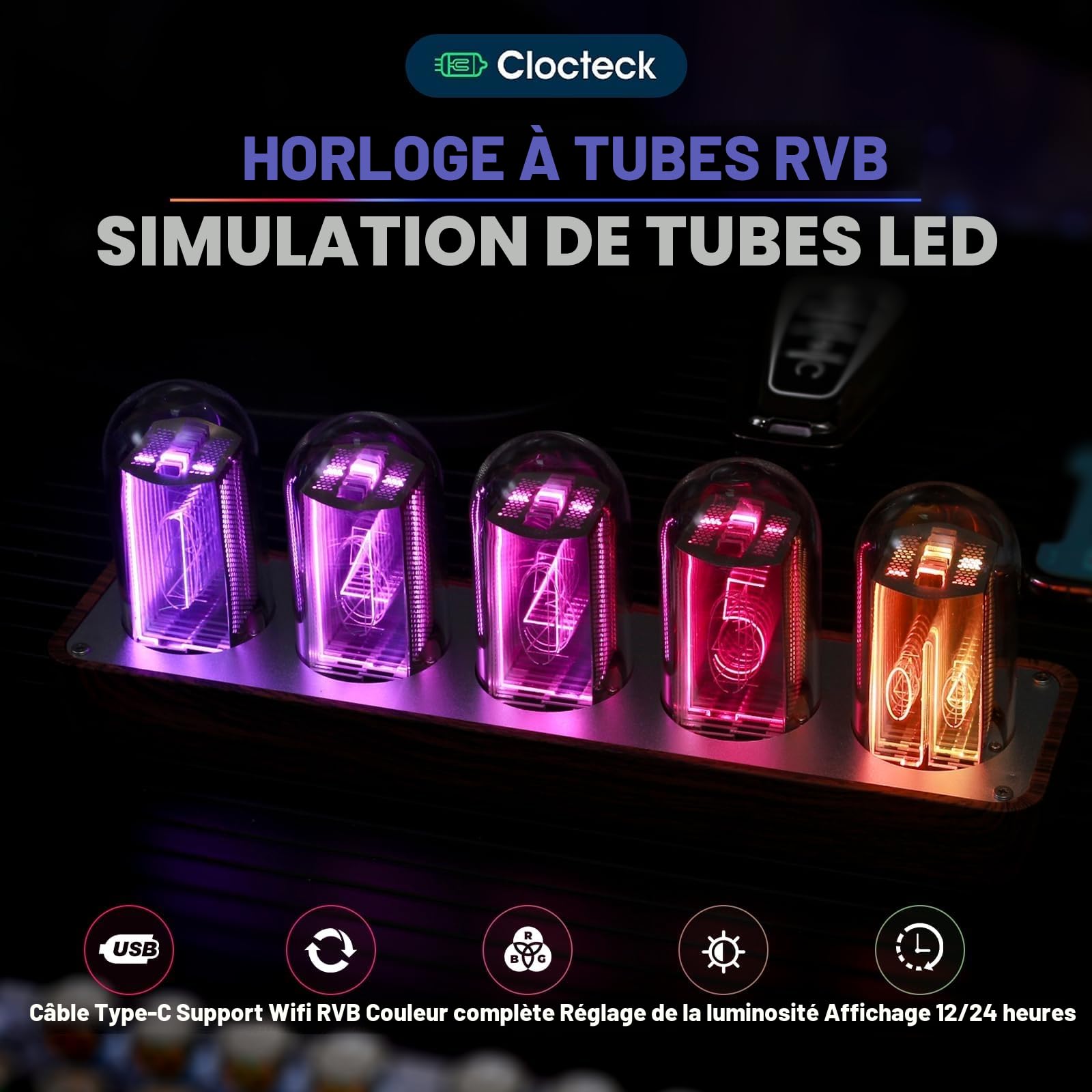 ClocTeck Horloge Nixie à tube numérique en bois Affichage 12/24h Alarme facilement réglable Décor pour bureau et chambre