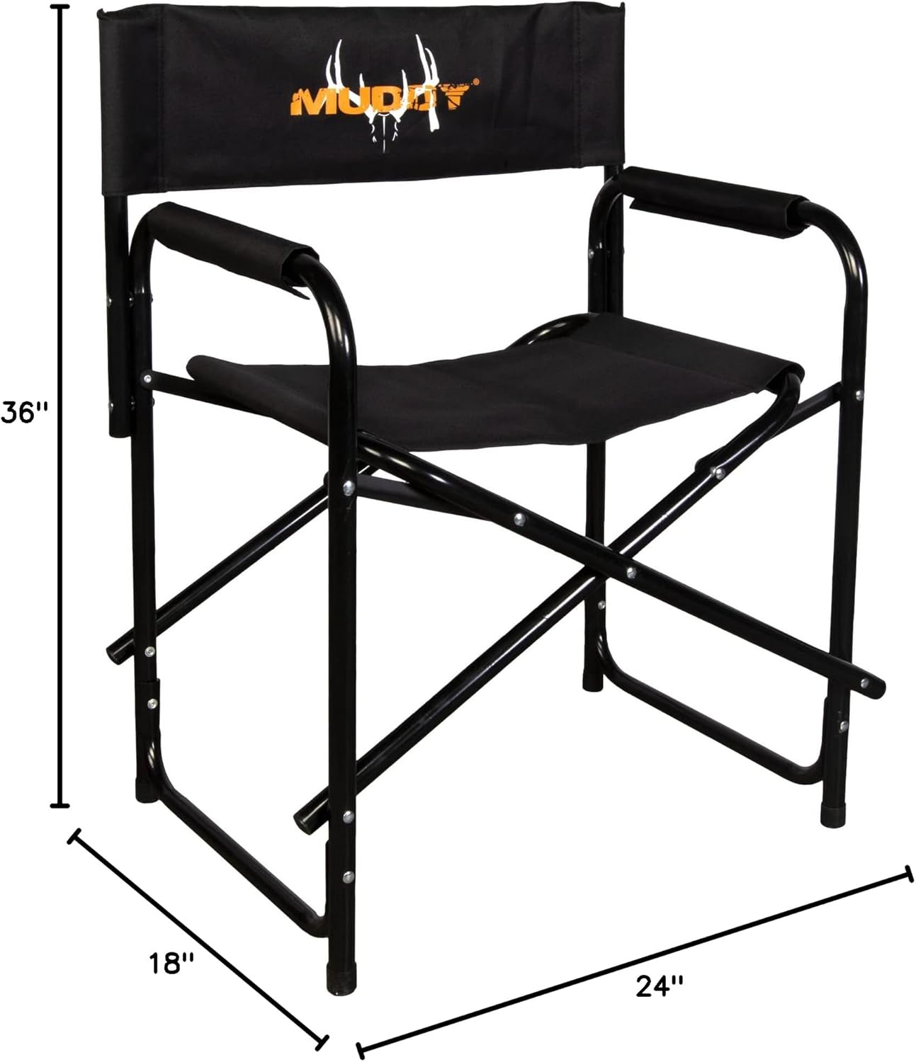 Muddy Directors Foldable Ground Chair with dimensions labeled