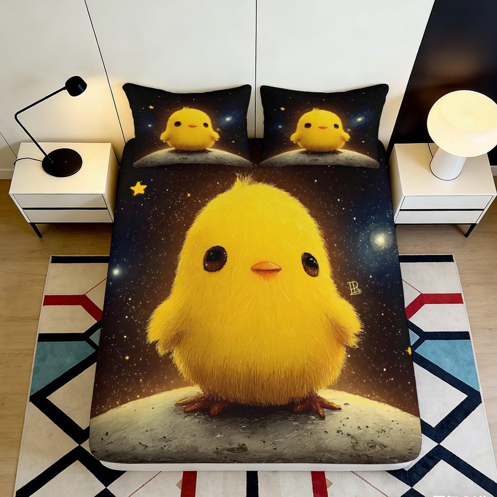 3D Printed Cute Yellow Chick Fitted Sheet Microfiber Soft Mattress Cover for Bedroom Guest Room Dorm Decor 90x200x25cm
