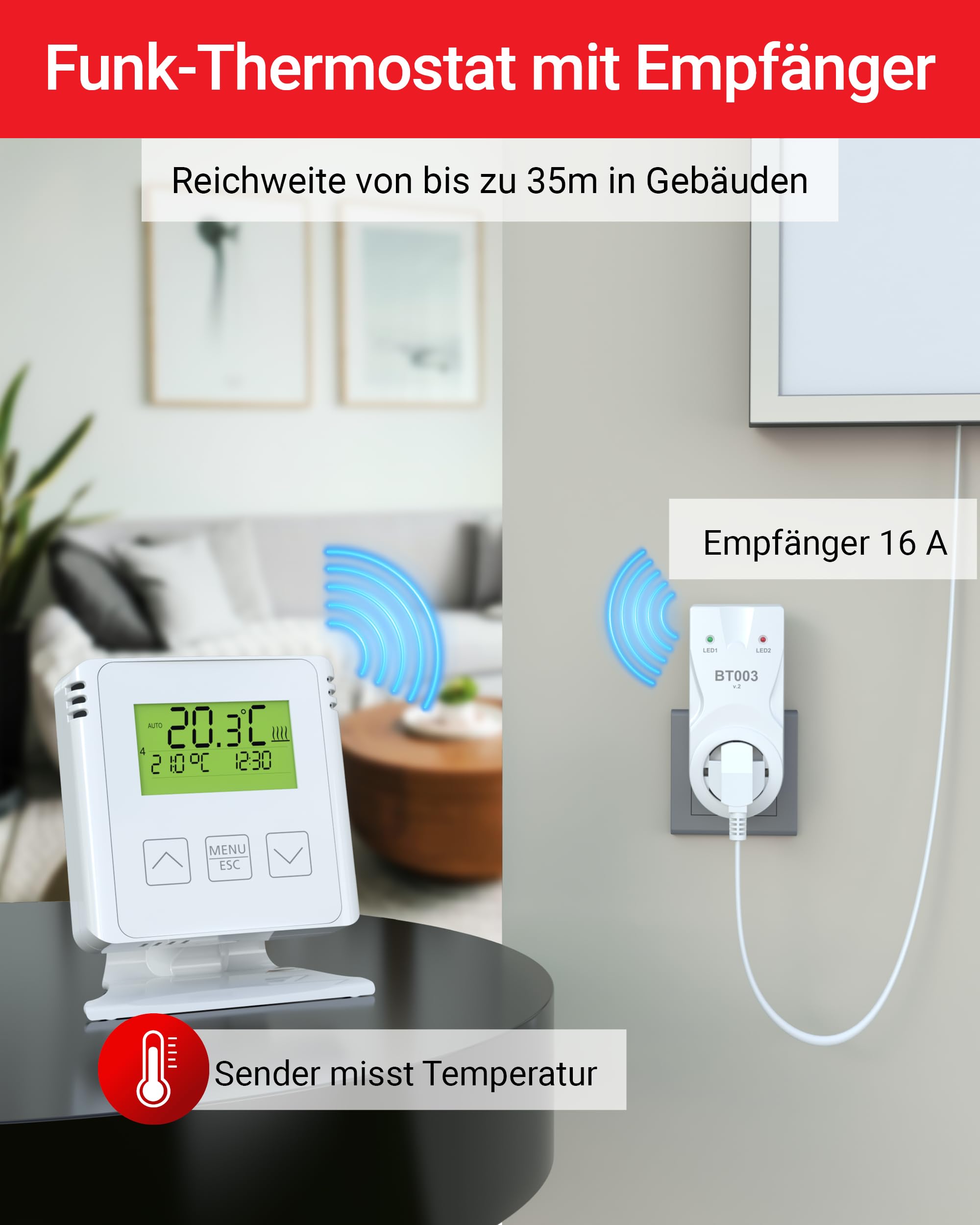 ELEKTROBOCK BT733 Funk-Raumthermostat mit Zwischensteckdose - 35 m Reichweite - Für elektrische Heizung und Infrarotheizung - Wochenprogramme - Frostschutz, Weiß