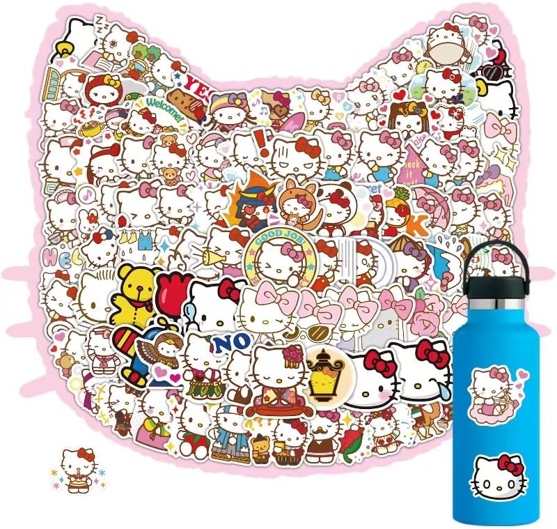 102Pcs Hello Cat Kitty Stickers Pack，Hello Cat Colorful Theme Waterproof Sticker for Laptop，Cute Cartoon Vinyl Decals for Water Bottle，Skateboard，Luggage，Hydroflasks，Cute Gifts for Kids