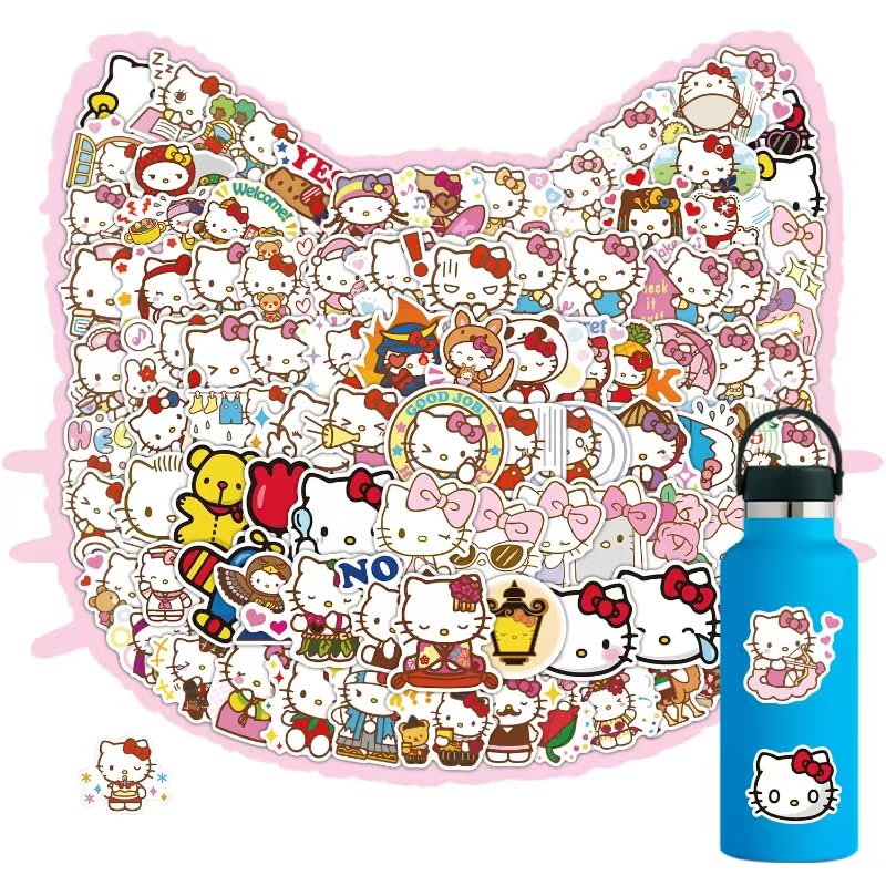 102Pcs Hello Cat Kitty Stickers Pack，Hello Cat Colorful Theme Waterproof Sticker for Laptop，Cute Cartoon Vinyl Decals for Water Bottle，Skateboard，Luggage，Hydroflasks，Cute Gifts for Kids