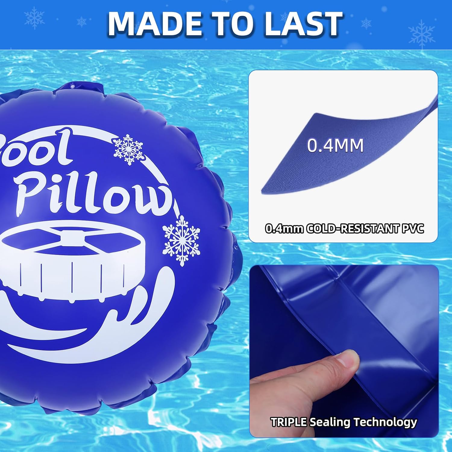 2Pcs 4x4Ft Pool Pillows for Above Ground Pools, 0.4mm PVC Cold-Resistant Air Pillow with 50 Ft Rope, Winterize Closing Kit for Winter Pool Cover