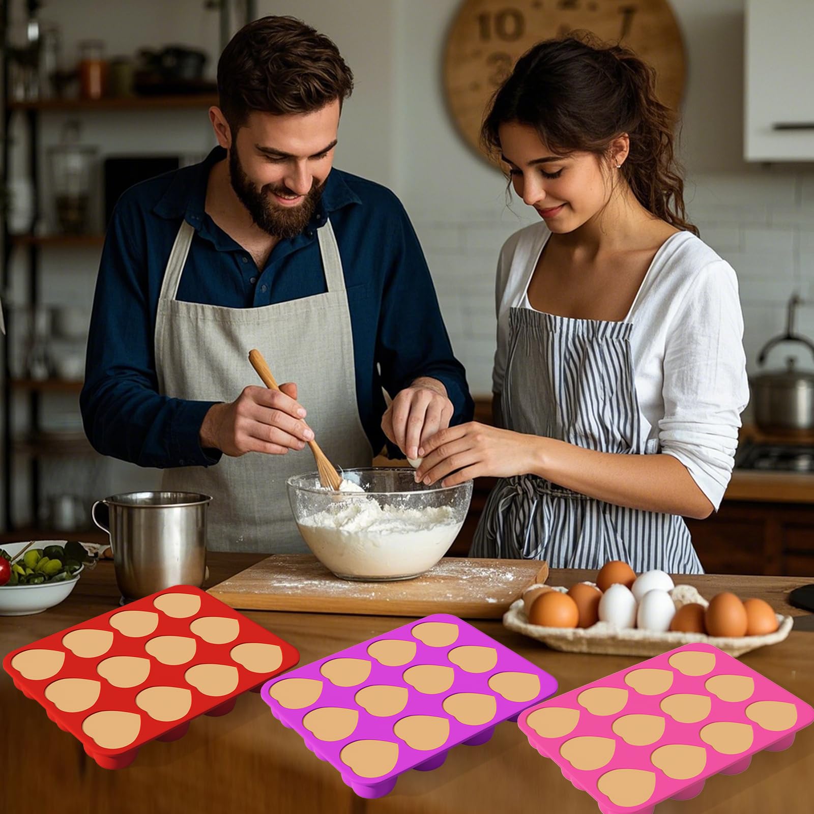 3 stampi in silicone a forma di cuore con 12 cavità a forma di cuore, per cioccolato, sapone, mini muffin, San Valentino, per sapone, cioccolato, gelatina, caramelle (rosso, viola, rosa)