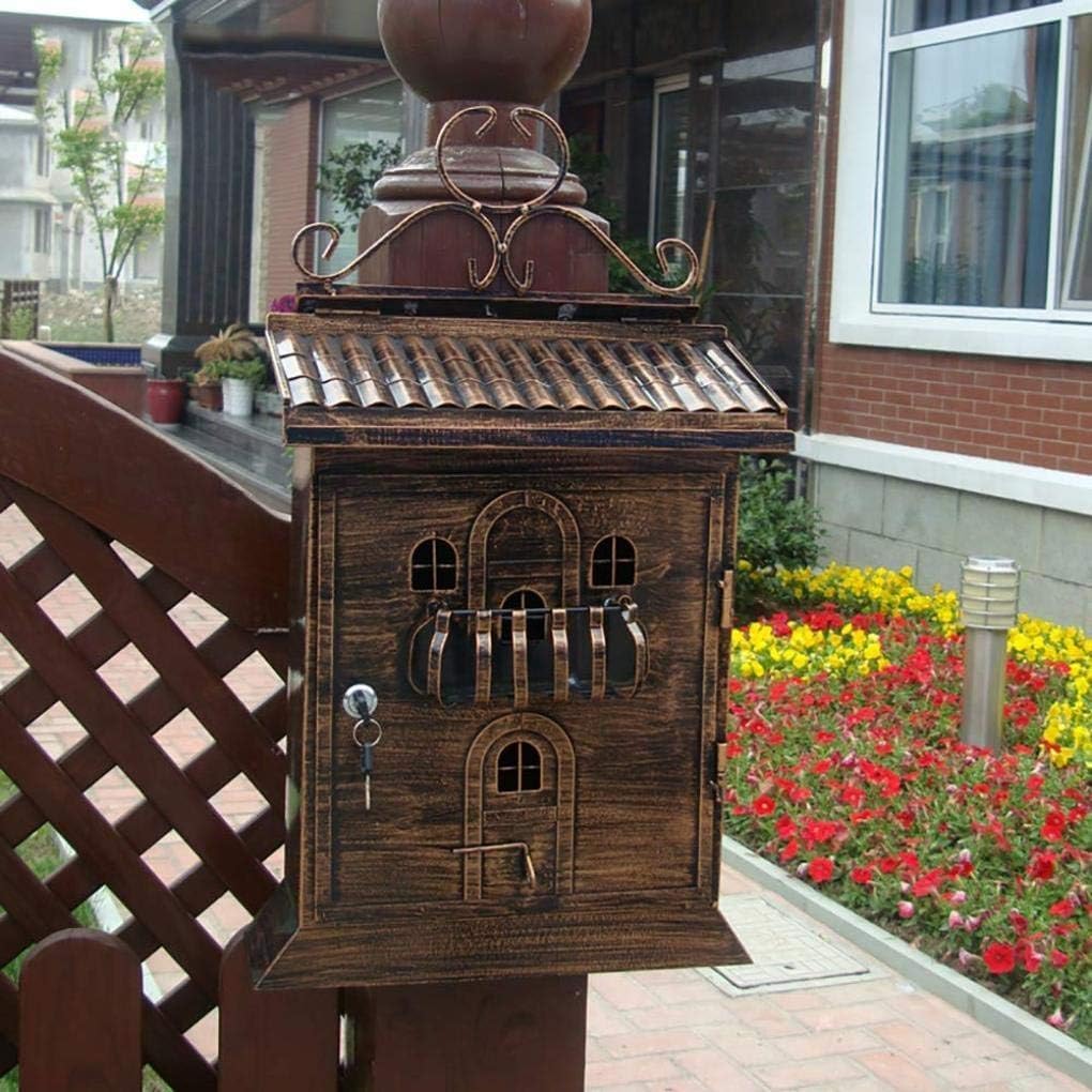 Vintage Wall Mounted Mailbox Cast Iron Pastoral Letterbox Weatherproof Newspaper Box with Secure Lock 2 Keys, Easy to Install