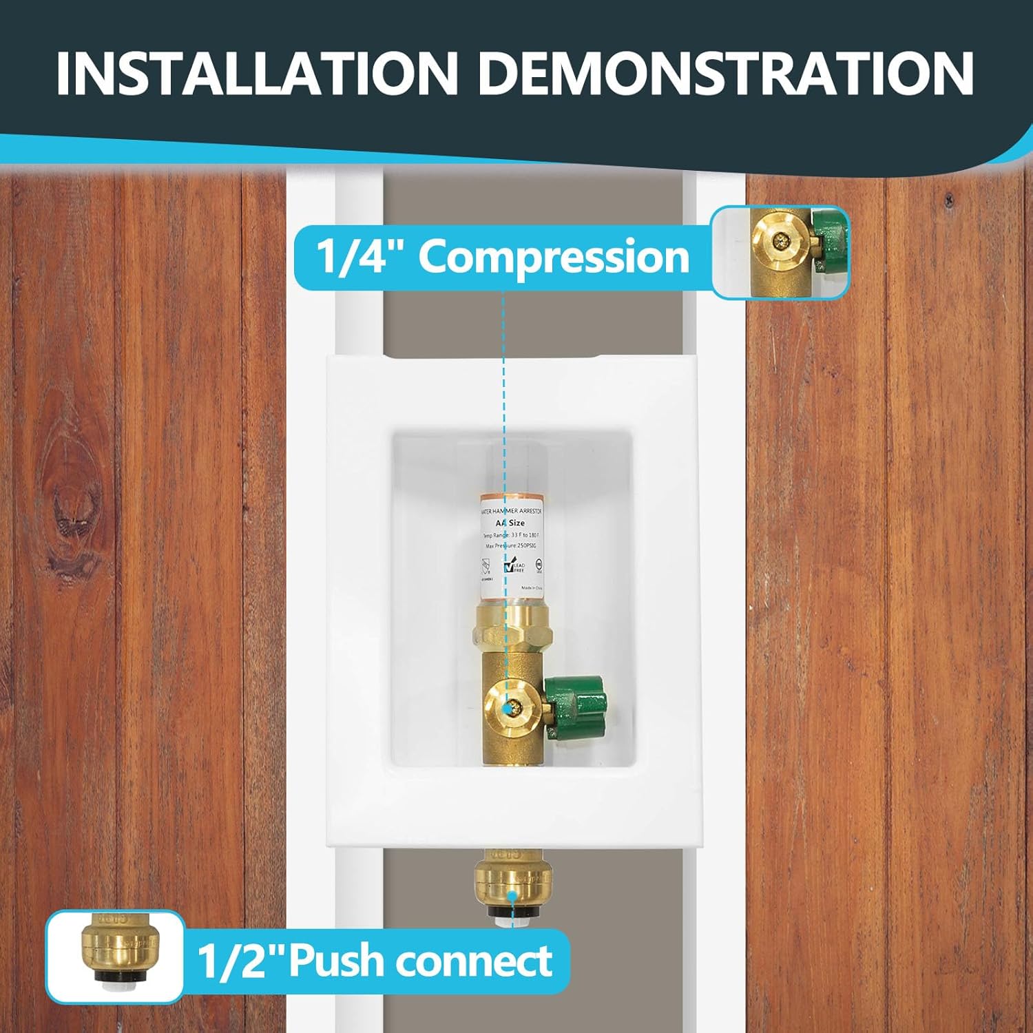 1-Pack Seelink Pre-Assembled Ice Maker Outlet Box, 1/2" Push-fit Inlet x 1/4" OD Compression Outlet, with Installed 1/4-Turn Ball Valve and Copper Hammer Arrestor