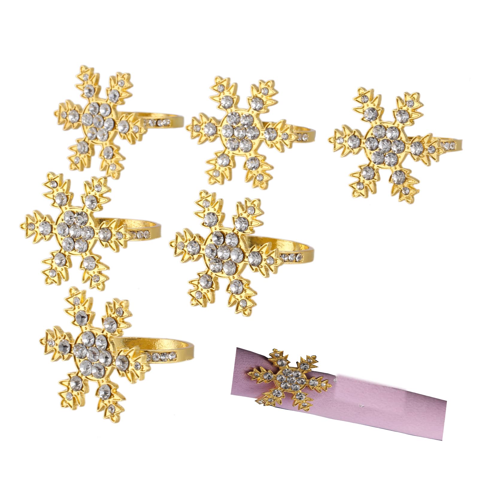 Mtsooning 6PCS Christmas Napkin Ring Buckle,Gold Snowflake Napkin Holders with Rhinestone,for Christmas Lunch Holiday Dinners Parties Thanksgiving Party Wedding Adornment Table Decoration Accessories