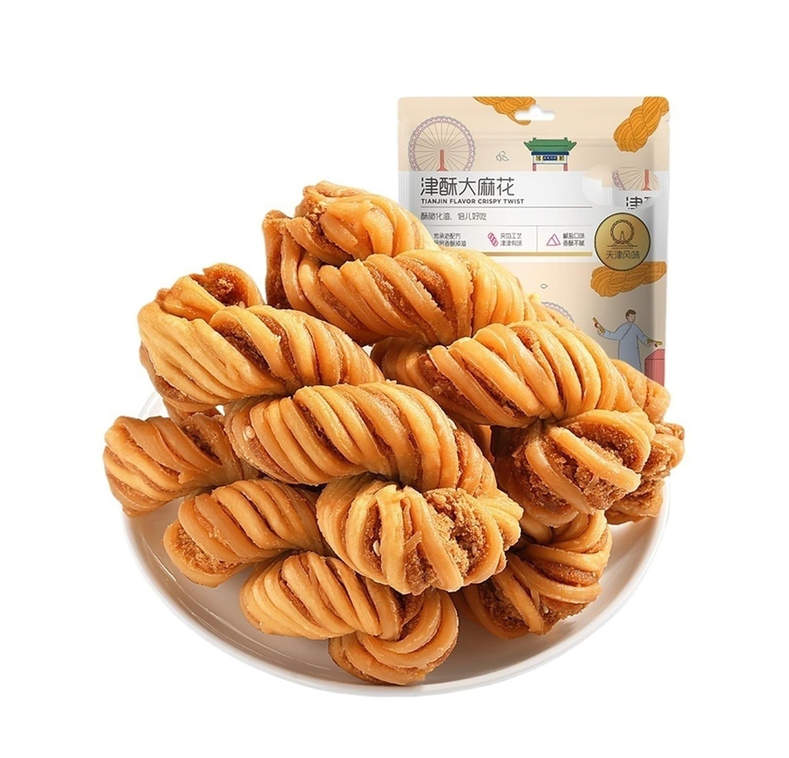 Donuts retorcidos crujientes al estilo de Tianjin, 120 g, capas sobre capas de sabor, crujientes con cada bocado. Una delicia tradicional que te conquistará al primer gusto.(4bag)