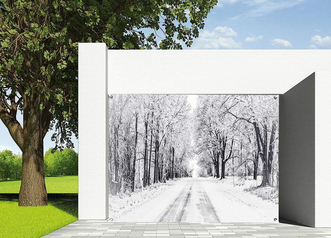 7x8ft Winter Snowy Road Garage Door Decor Frosted Trees Snow Covered Path ICY Snowflakes Nature Landscape Garage Door Cover for Indoor Outdoor Holiday Party Seasonal Festive Decor