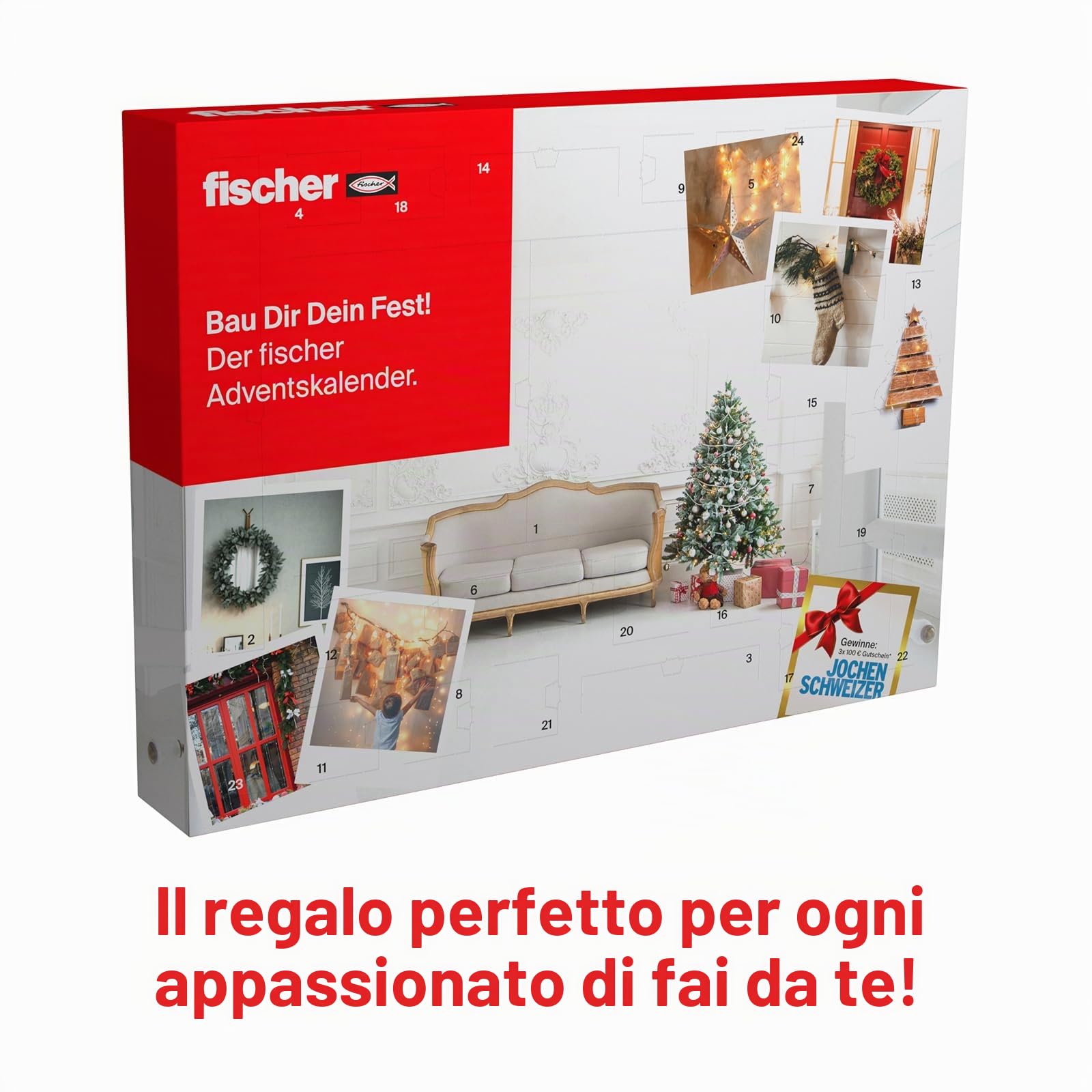 fischer Calendario dell'Avvento 2025-24 pratiche soluzioni di fissaggio per fai da te, hobbisti e appassionati di fai da te, mix di tasselli, viti, punte, trapani e altro ancora, 145 pezzi