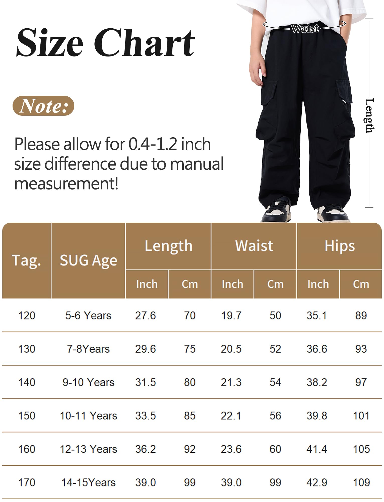 SEAUR Pantaloni Cargo Baggy Ragazzi Vita Elastica Pantaloni a Gamba Larga Oversize Hip-Hop Streetwear 4 Tasche Adolescenti 5-15 Anni