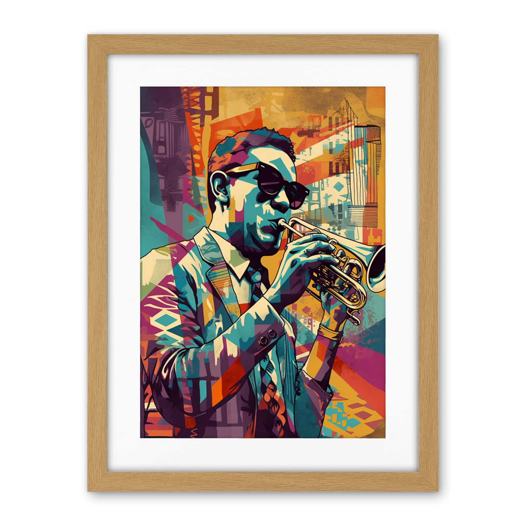 Artery8 Trumpet Player Jazz Musician with Sunglasses Modern Colour Linocut Print Artwork Framed Wall Art Print 18X24 Inch