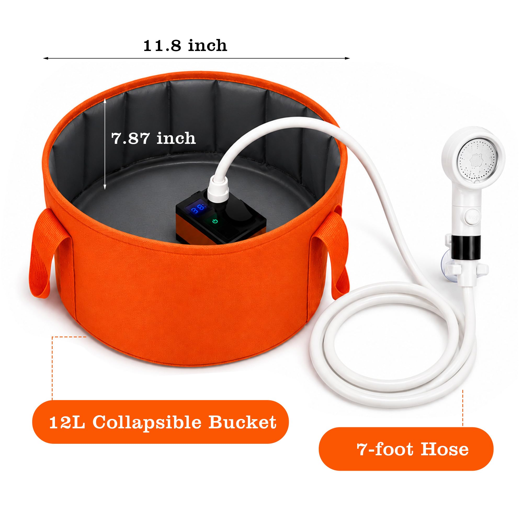 Aidoclip Pompa doccia portatile da campeggio con 12l pieghevole | Kit doccia alimentato a batteria, display della temperatura, soffione doccia a 3 velocità, tubo da 2,1 m, doccia per spiaggia