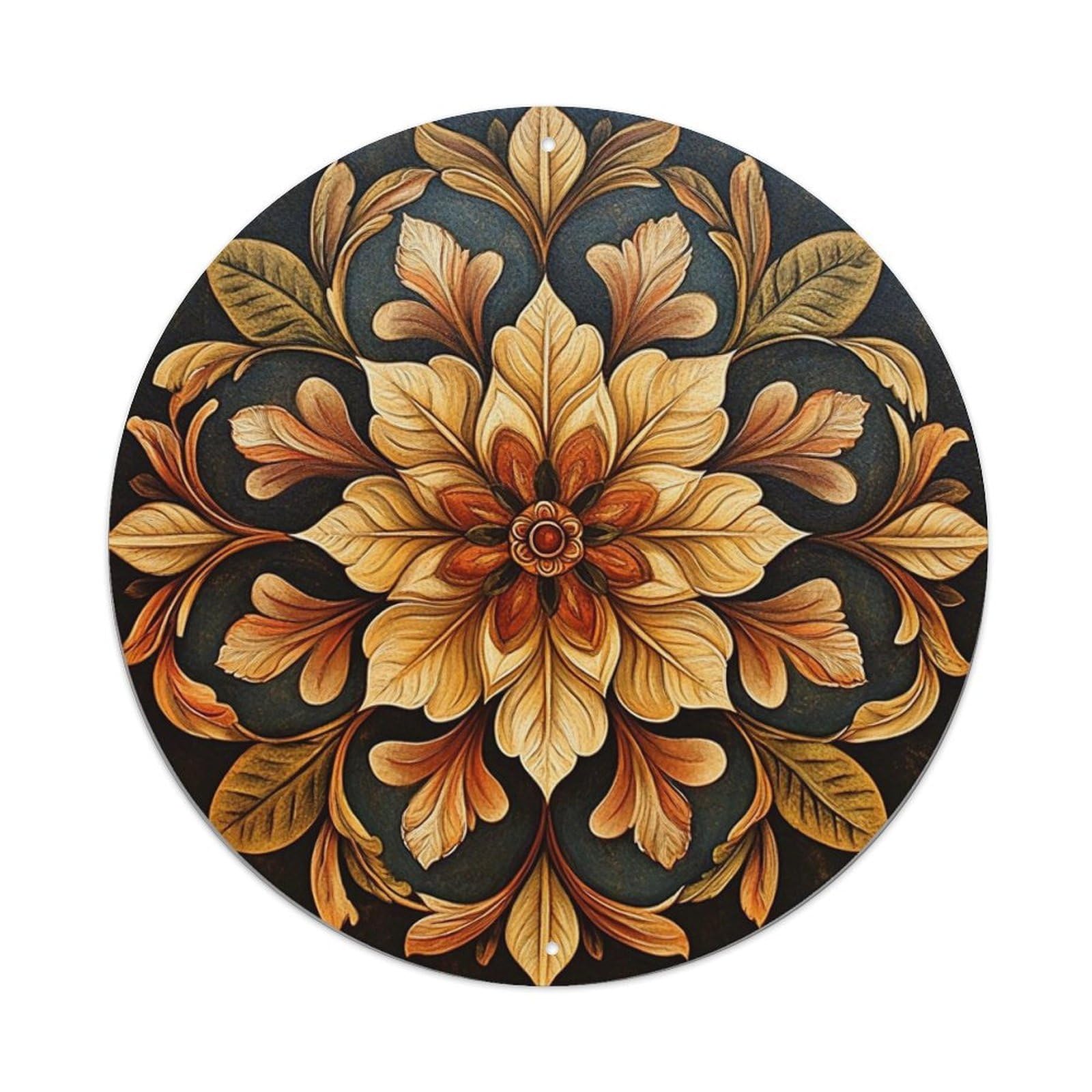 Floral Mandala Symmetrical Design Pattern Round Tin Sign Vintage Metal Sign Home Bar Garden Indoor & Outdoor Wall Decor Retro Metal Poster 8x8 Inch