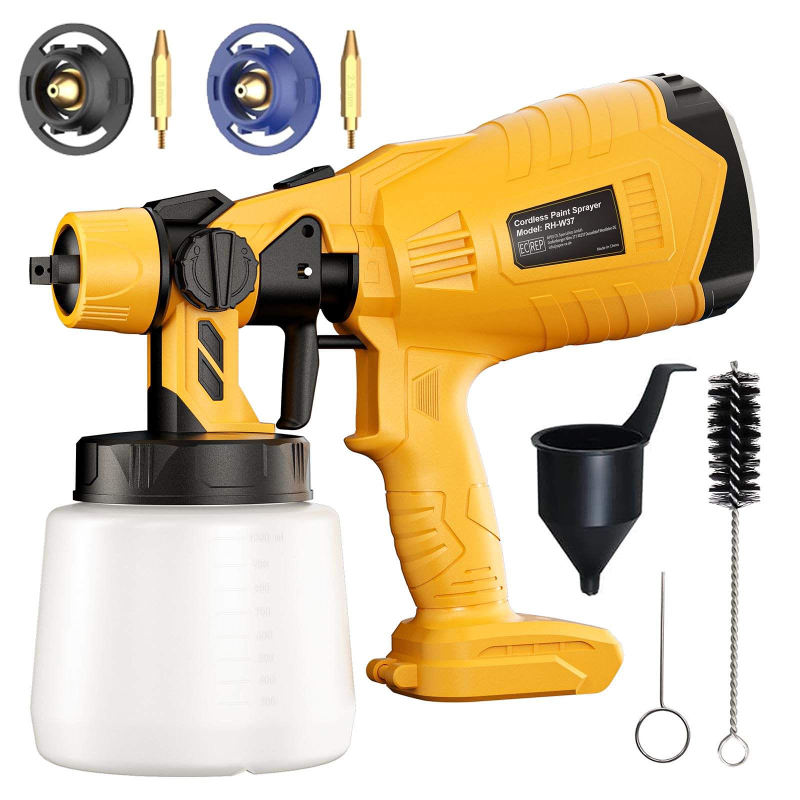 Kabellose Akku Farbsprühsystem für Dewalt 20V Akku (ohne Akku) für Zäune und Terrassendielen, Akku Sprühpistole, Handfarbsprüher mit 2 Düsen und abnehmbarem 1L Tankfür Zuhause DIY Malerei