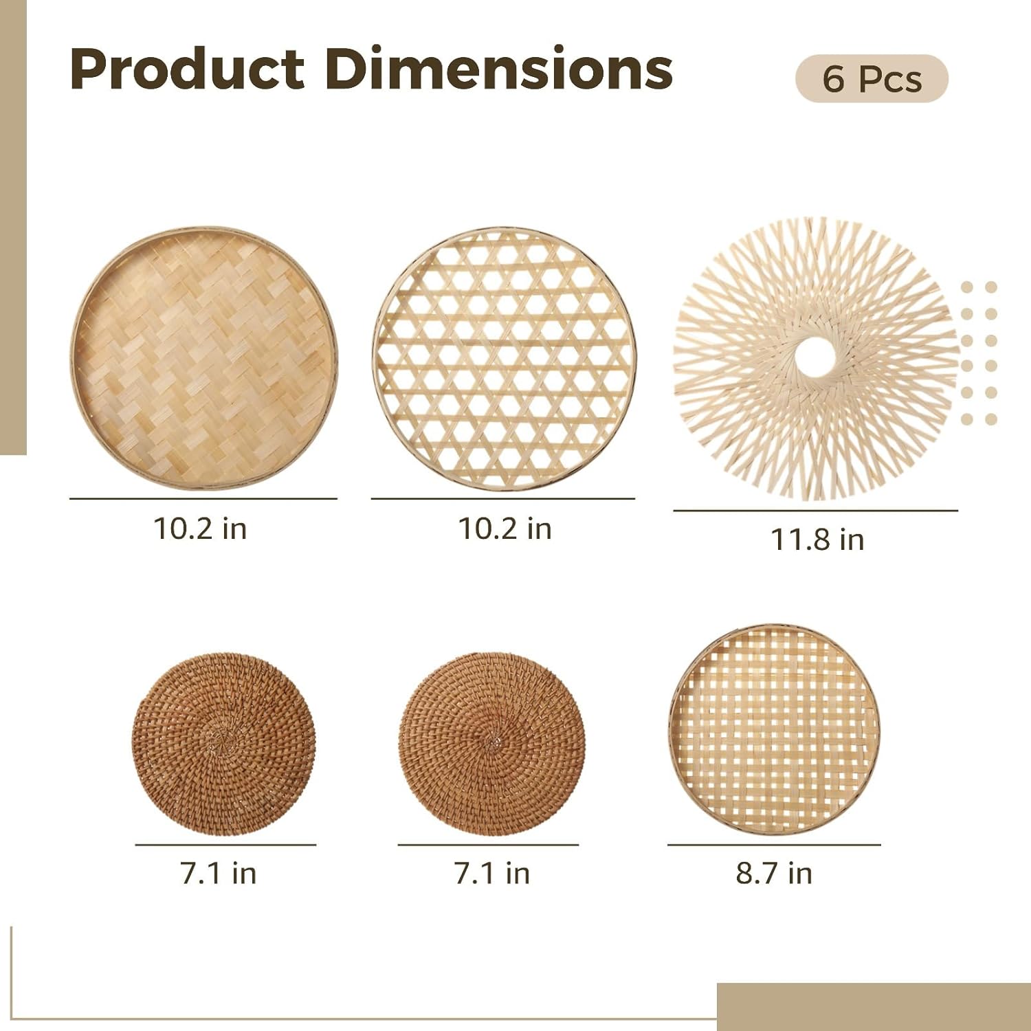 6 Pcs Wall Baskets, Handwoven Wood Boho Wall Decor, 7.1-11.8 in, for Home, Living Room Bedroom Hallway