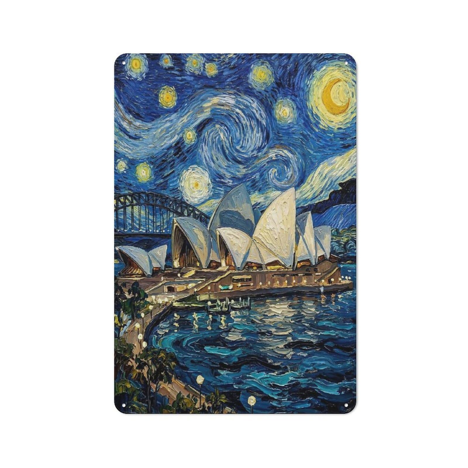 Junmoney Style-20 Sydney Opera House Starry Night Painting Decorative Tin Sign 30X20cm, Old Fashioned Vintage Wall Decor For Lounge, Study, Pub Or Wall Gallery