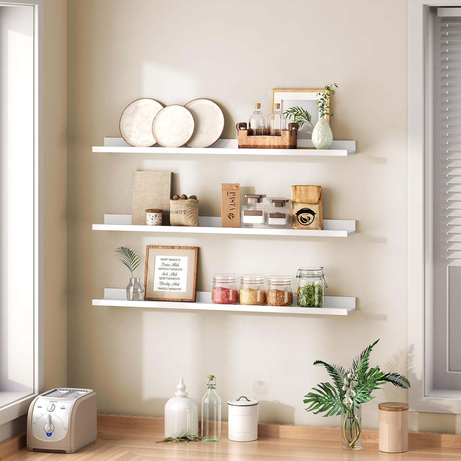 HOOBRO Étagères Flottantes, Étagères Murales, Lot de 3, Étagères Suspendues de 90 cm avec barrières surélevées et Attaches Invisibles, pour Salle de Bain, Chambre, Bureau, Blanc EWT90BJ01