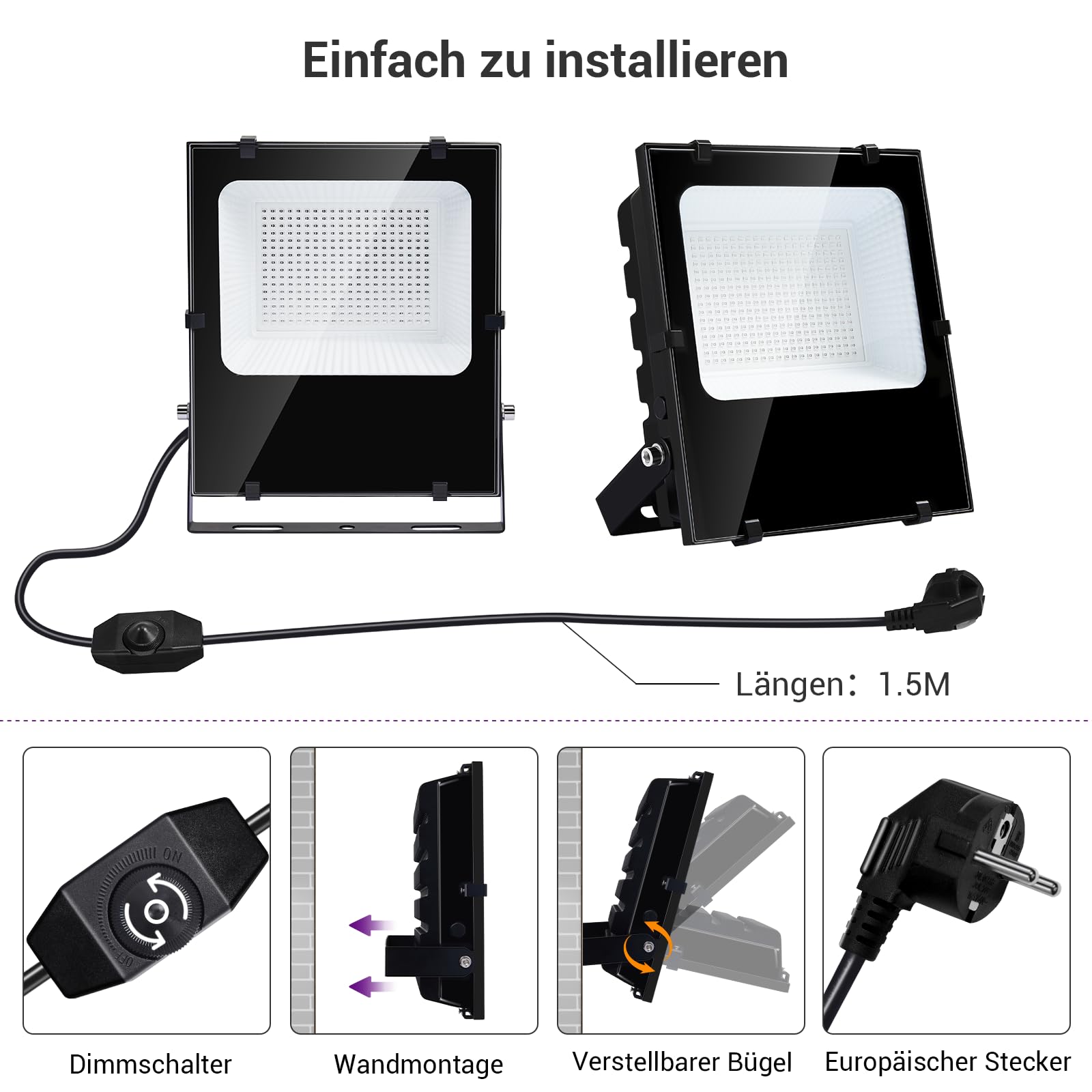 Stufenlos Dimmbares Schwarzlicht Strahler 200W LED UV Schwarzlichtlampe IP66 Wasserdicht Fluoreszenz Blacklight Schwarzlicht Fluter Für Partylichter Halloween Beleuchtung Deko (2 Stück)