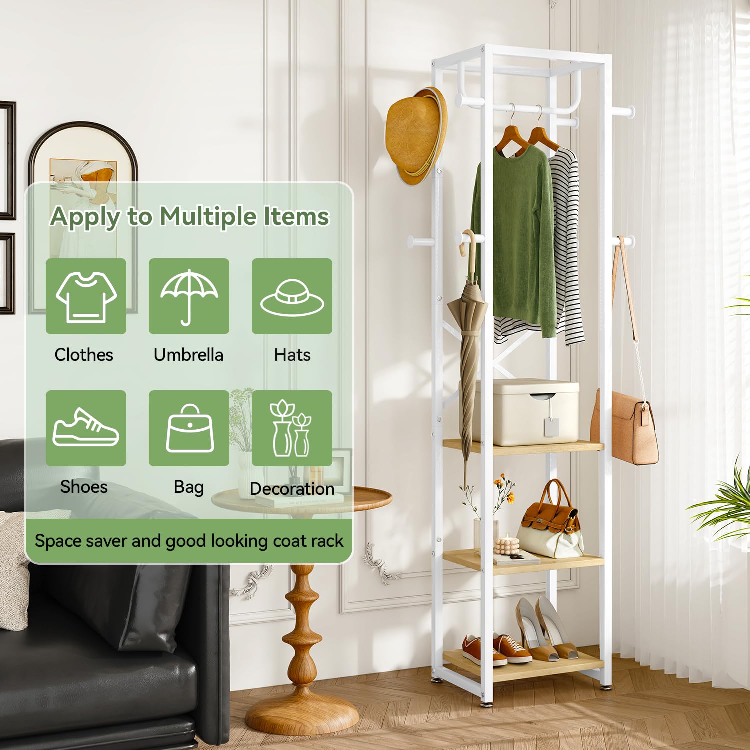 IBUYKE Garderobenständer, Kleiderständer mit 8 Haken,Natur TMJ088R | mit 3 Ablagen, Freistehende Garderobe, Industrie Stil, für Schals, Taschen, Regenschirme,Wohnzimmer, Schlafzimmer