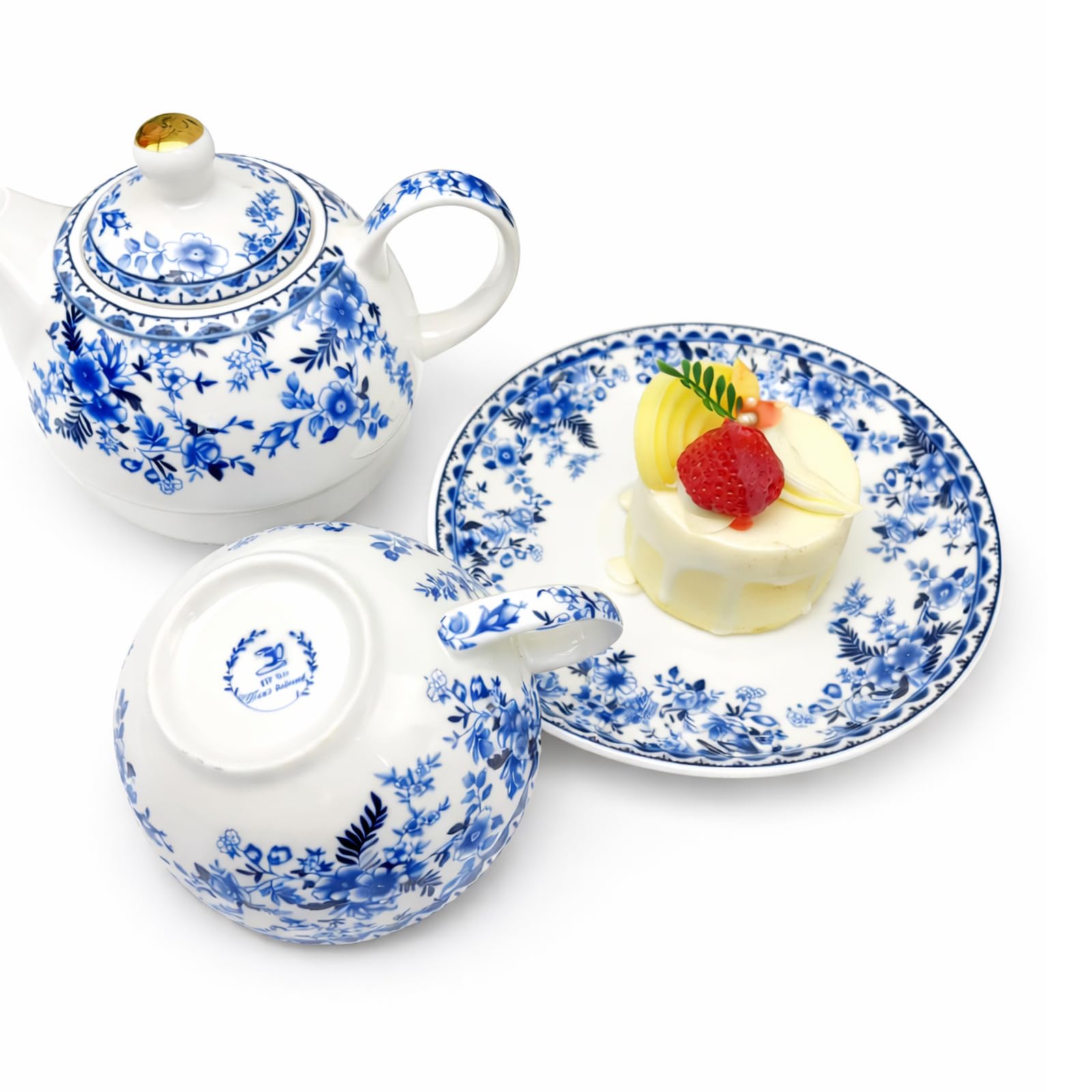 Porcelain Tea for One Set Beautiful Flower Ceramic Teapot with Cup Gifted Box (Blue and White)