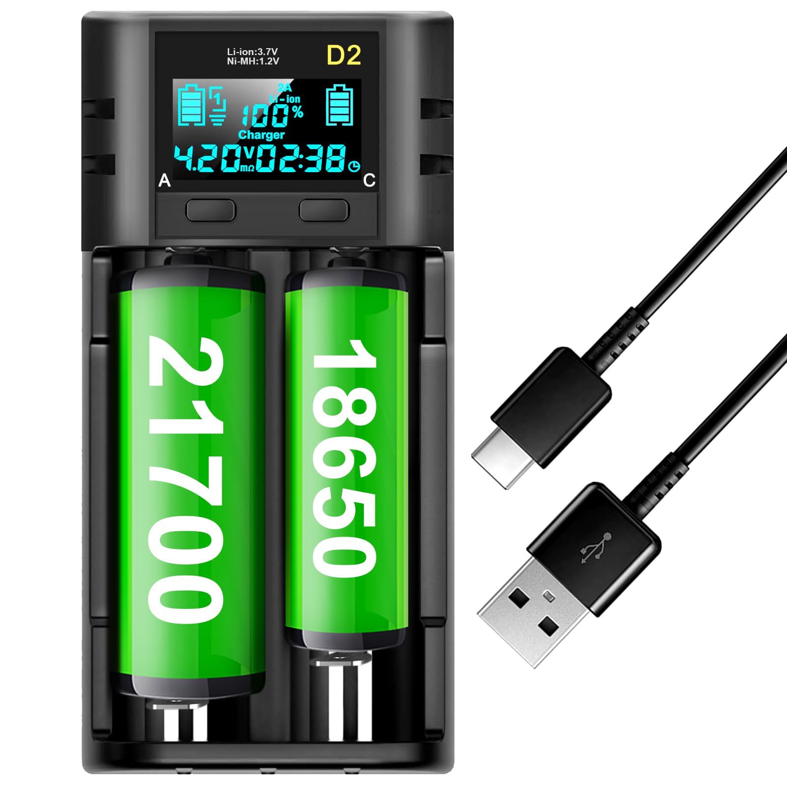 18650 Battery Charger,LCD Display Charger for 3.7V Li-ion Battery 18650,26650,21700,18500,18350,16650 1.2V LiFePO4 Ni-MH Ni-Cd A AA AAA Rechargeable Batteries(Battery not Included)