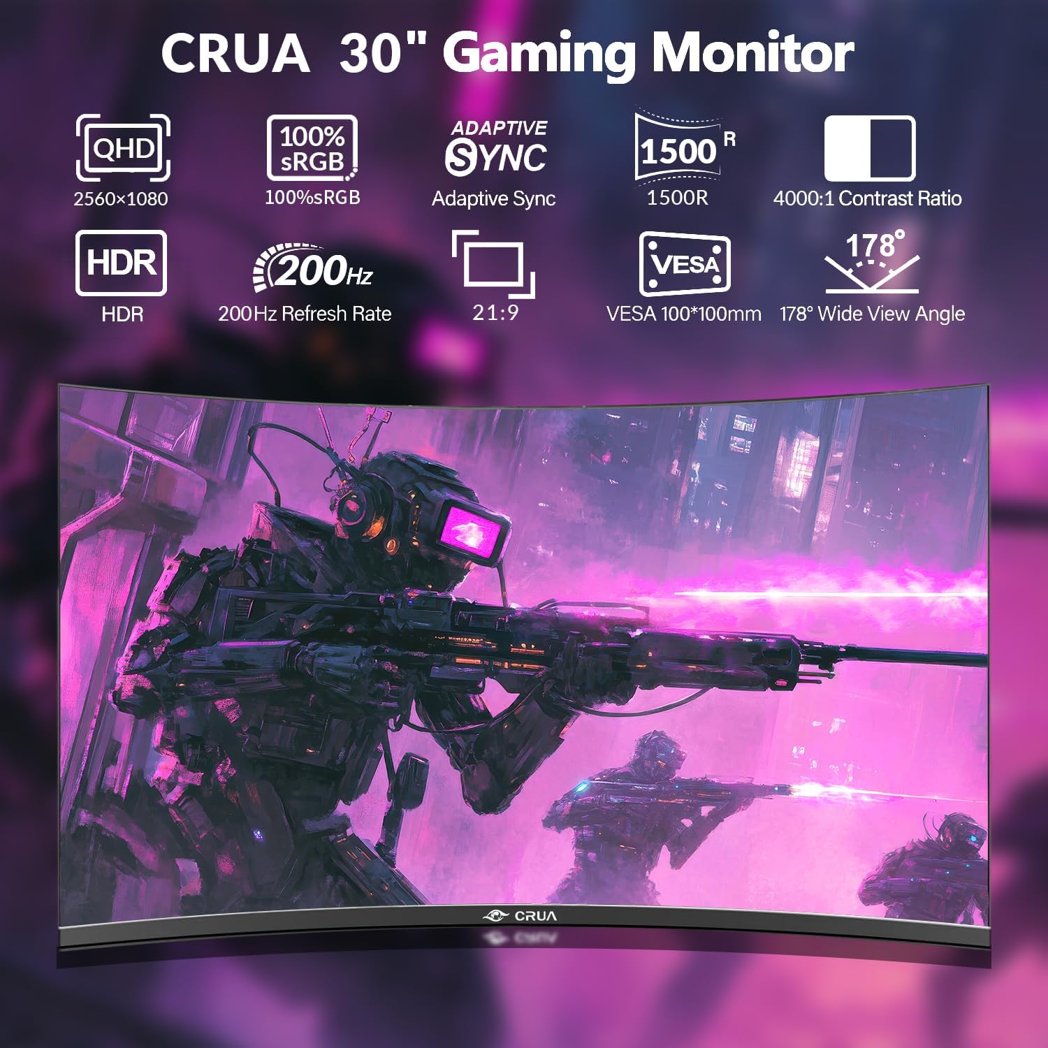 CRUA Monitor gamingowy, 30", ultraszeroki 21:9, zakrzywiony 200 Hz, zakrzywiony monitor WFHD 2560 x 1080 VA 1500R, FreeSync 1ms, Dual HDMI DP, kompatybilny z PS5 PC, VESA 100 x 100, możliwość