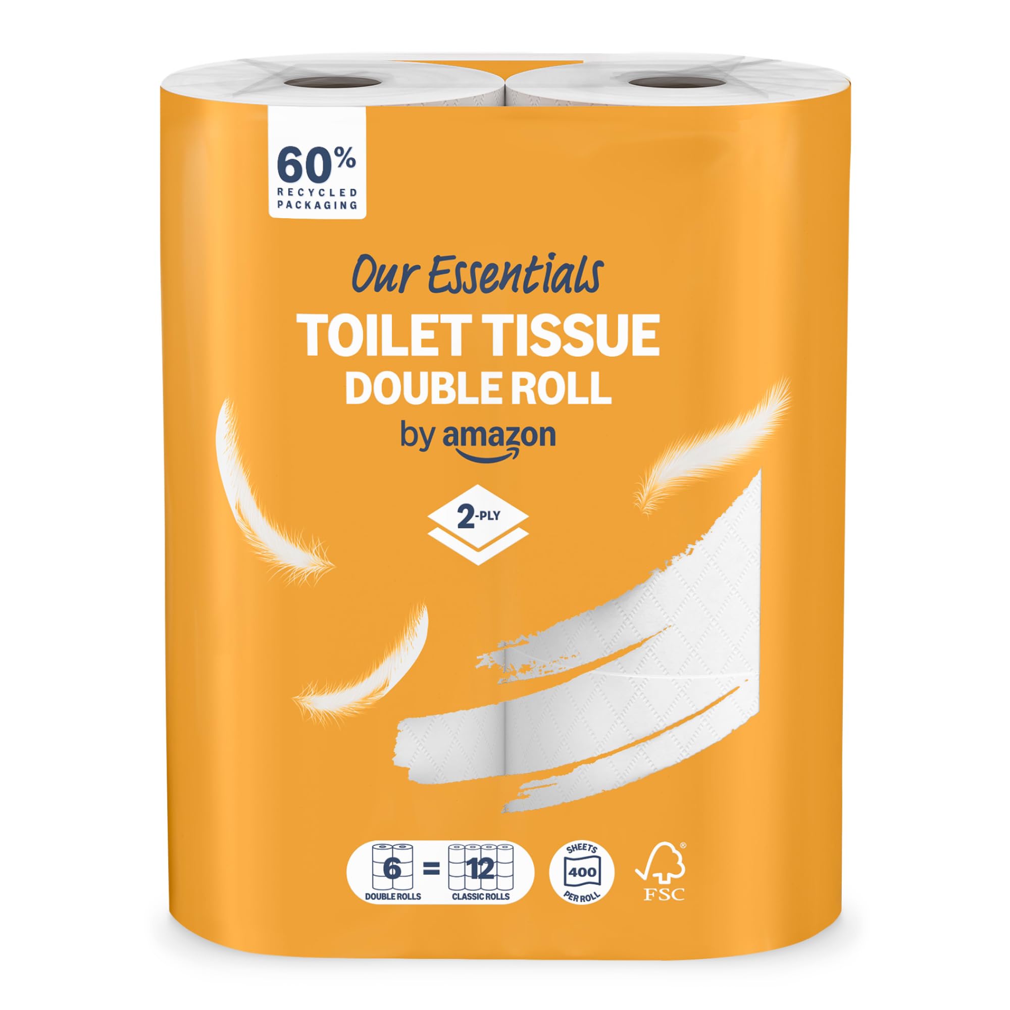 Our Essentials by Amazon Toilet Tissue Double Roll, 2-ply, 6 Rolls (1 Pack of 6), 400 Sheets per Roll