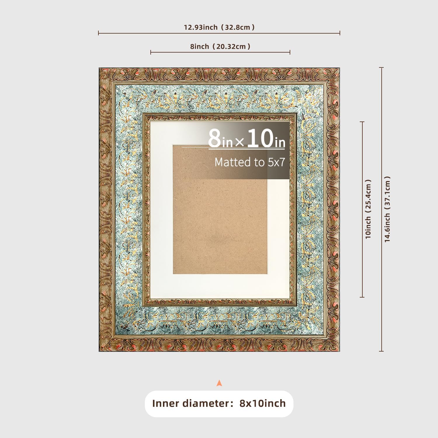 BWPFRAME Vintage 8x10 Picture Frame Matted to 5x7, Solid Wood, Ornate Frame,Emerald Green Hand Carved Relief Floral Border,with PlexiGlass and Backer, Wall Display Frame for Photos and Prints