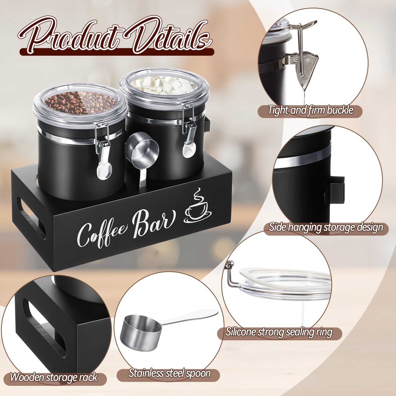 Maxcheck 2 botes de café de acero inoxidable 304 de 66 onzas con estante, abrazadera de bloqueo hermética y cuchara, almacenamiento de café molido/frijoles, tarros de almacenamiento de alimentos de