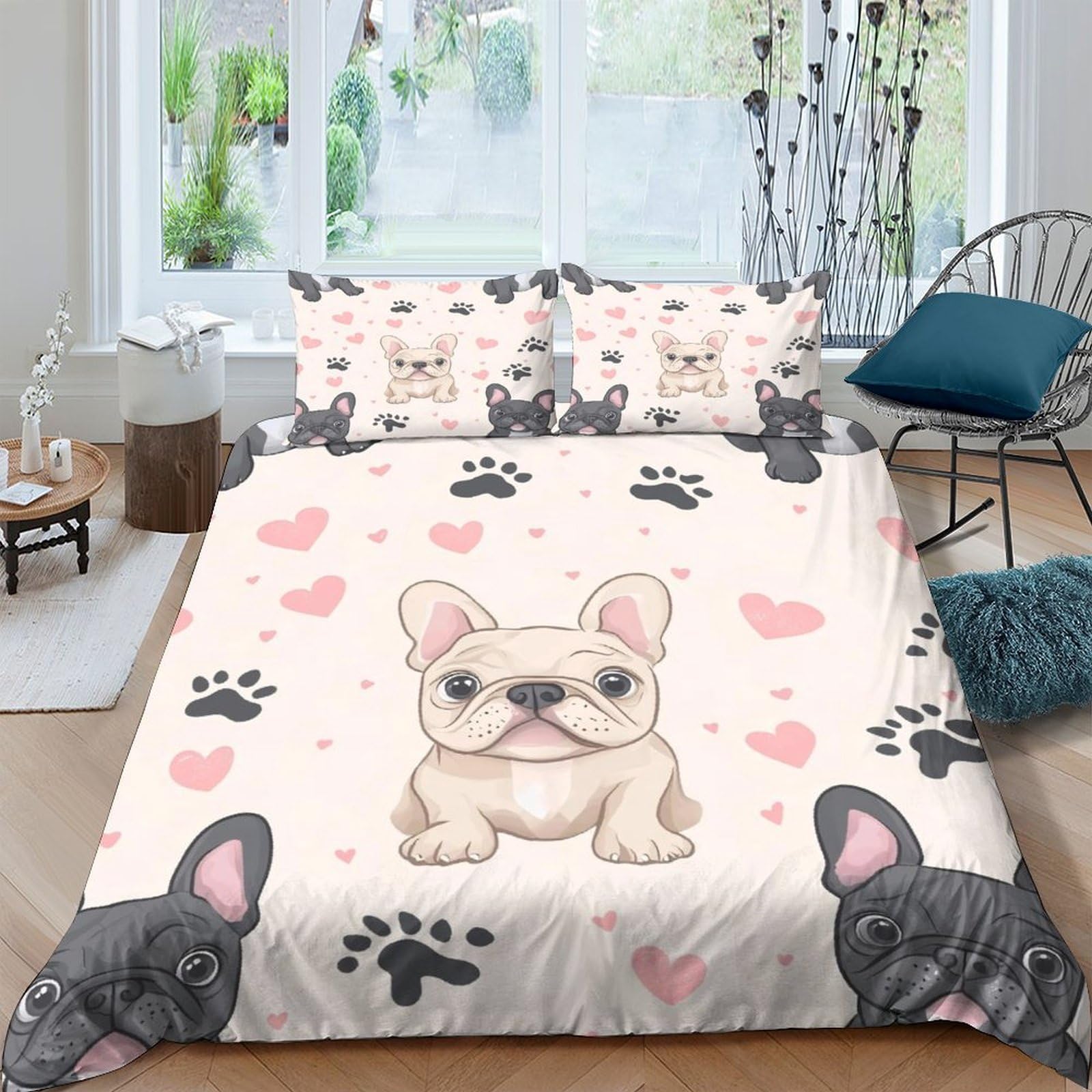 Ctjqhvkz Style-6 3D Printed Cartoon French Bulldog Fitted Sheet Microfiber Soft Pink Heart Bed Cover For Bedroom Dorm Mattress Decor Single（135X200cm）