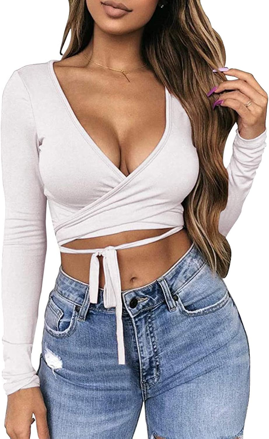 Artfish Women Sexy Deep V Neck Crop Top Bandage Wrap Tie Tight Cropped Fitted Cleavage Shirts - Image 2